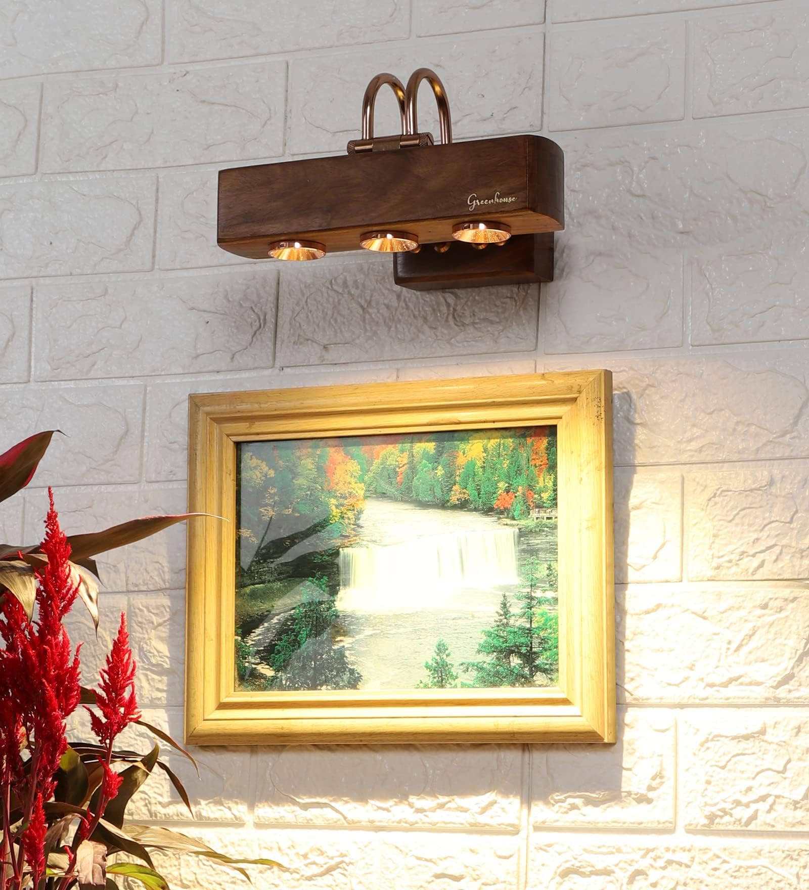 Green House Fully Handmade Sheesham Wood Picture Wall Light | 3 Warm White LEDs of 3W Each | Rose Gold Housing of LED | Vanity/Mirror/Dressing Table | Adjustable Head | Bedroom, Living Room, Mandir