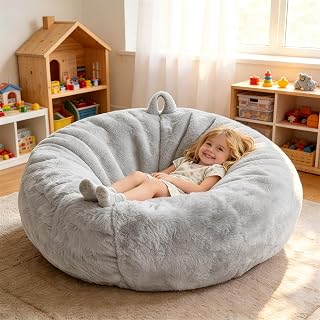 Faux Fur Bean Bag Cover (No Filler) Stuffed Animal Storage Adults Kids Gray | Bean Bag Covers Large Bean Bag Sofa for Kids Teens, furry fuzzy surface, for living room bedroom kids holiday gift