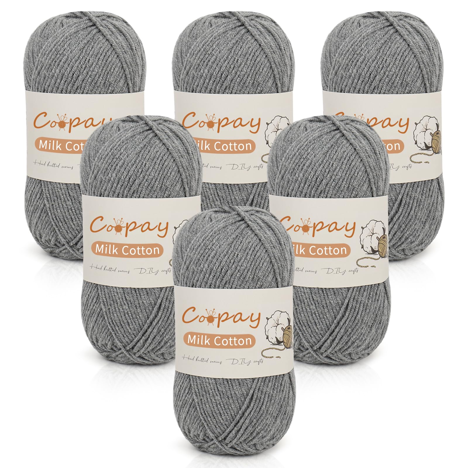 Coopay Crochet Yarn DK, 6×40g Double Knitting Yarn, Soft 4ply Milk Cotton Yarn Knitting Wool for Crochet & Knitting, Ideal for Beginners Crochet Baby Blankets, Socks, Scarves, Amigurumi (Grey)