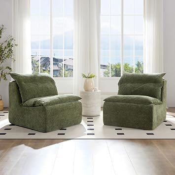 KEVINSPACE 63" Loveseat 2 Piece Living Room Chair Modern Accent Chair & Single Sofa Lounge Comfy Armless Chair Accent Sofa Chair Floor Sofa for Reading Bedroom Office Green No Installation