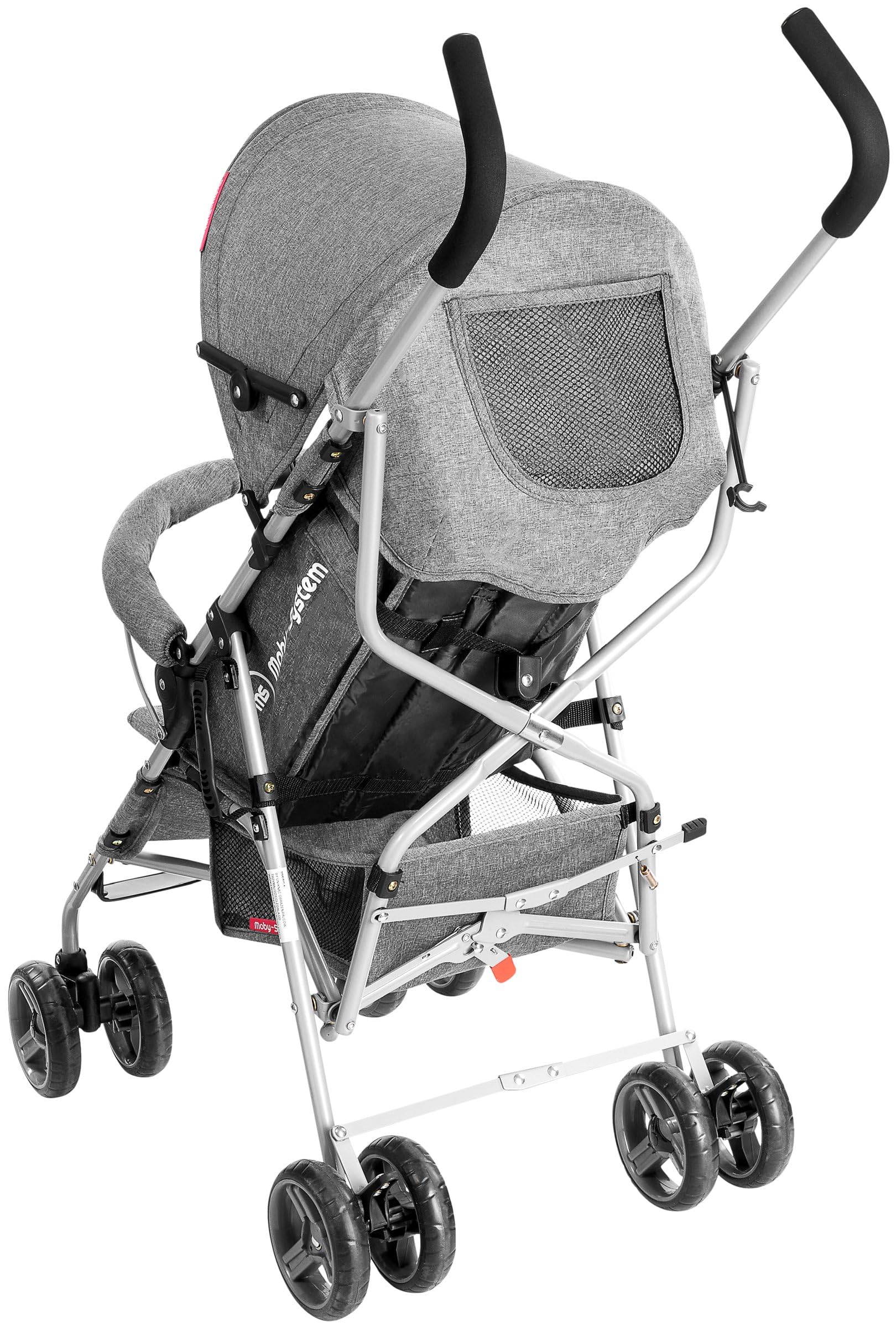 Moby-System Silla de Paseo Tipo Paraguas, Gris, Acero, Tejido y Plástico, para Niños, Arnés de 5 Puntos, Carga Máx. 15 kg