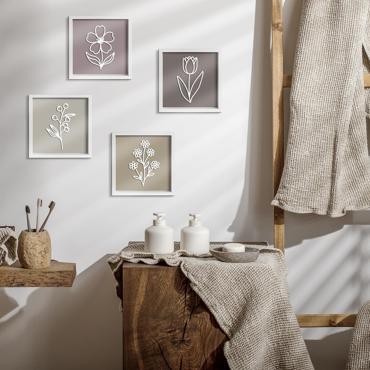 Pigort Wooden Floral Farmhouse Wall Decor – Set of 4 White Framed Wall Art, 7.3x7.3 Inches, Premium Boho Botanical Decor for Living Room, Bedroom, or Office (A)