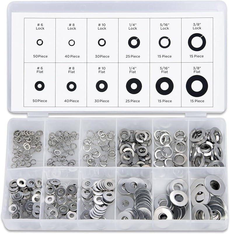 50400A Stainless Steel Lock and Flat Washer Assortment | 350 Piece Set | 12 Different Sizes in Spring Lock and Flat Design | Prevent Loose Fasteners