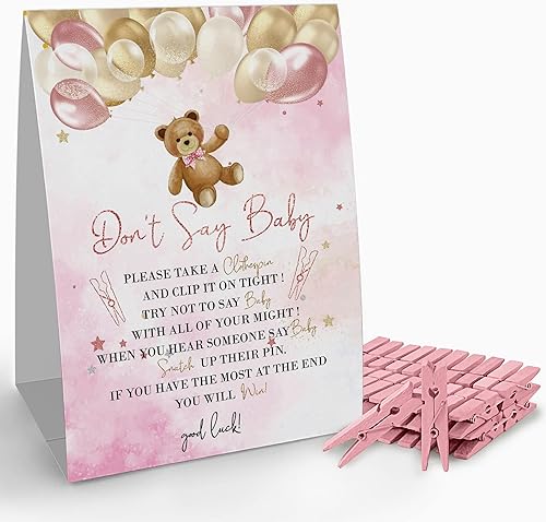 Letrero con texto en inglés Don't Say Baby Clothespin (1 cartel + 50 pinzas para la ropa), con texto en inglés It's a Boy con globos de oso de rosas