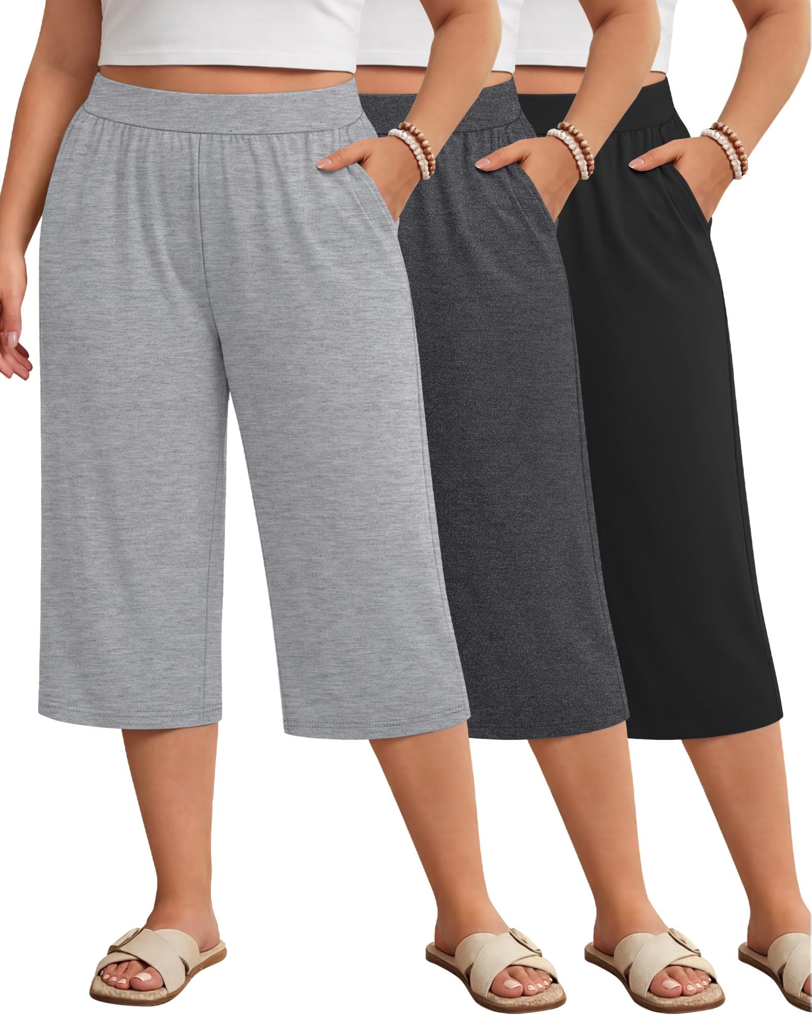 Huukeay 3 Pack Women's Plus Size Capri Pants Loose Fit Wide Leg Capris Sweatpants Summer High Waisted Yoga Pants with Pockets