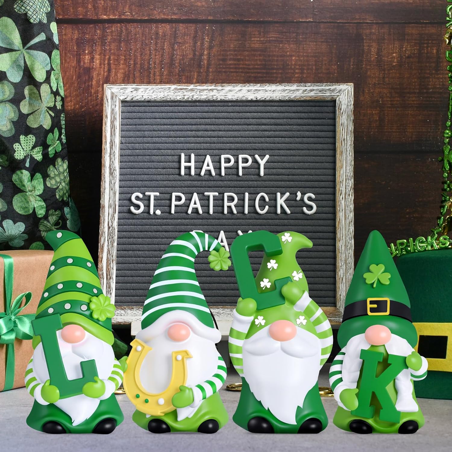 ShinyRelief 4 Pcs St. Patrick's Day Figurines Resin Gnome Tabletop Green Shamrock Sculpture Decoration Irish Lucky Clover Table Centerpiece for Dining Room Home Party Supplies Gifts Decor - Image 6