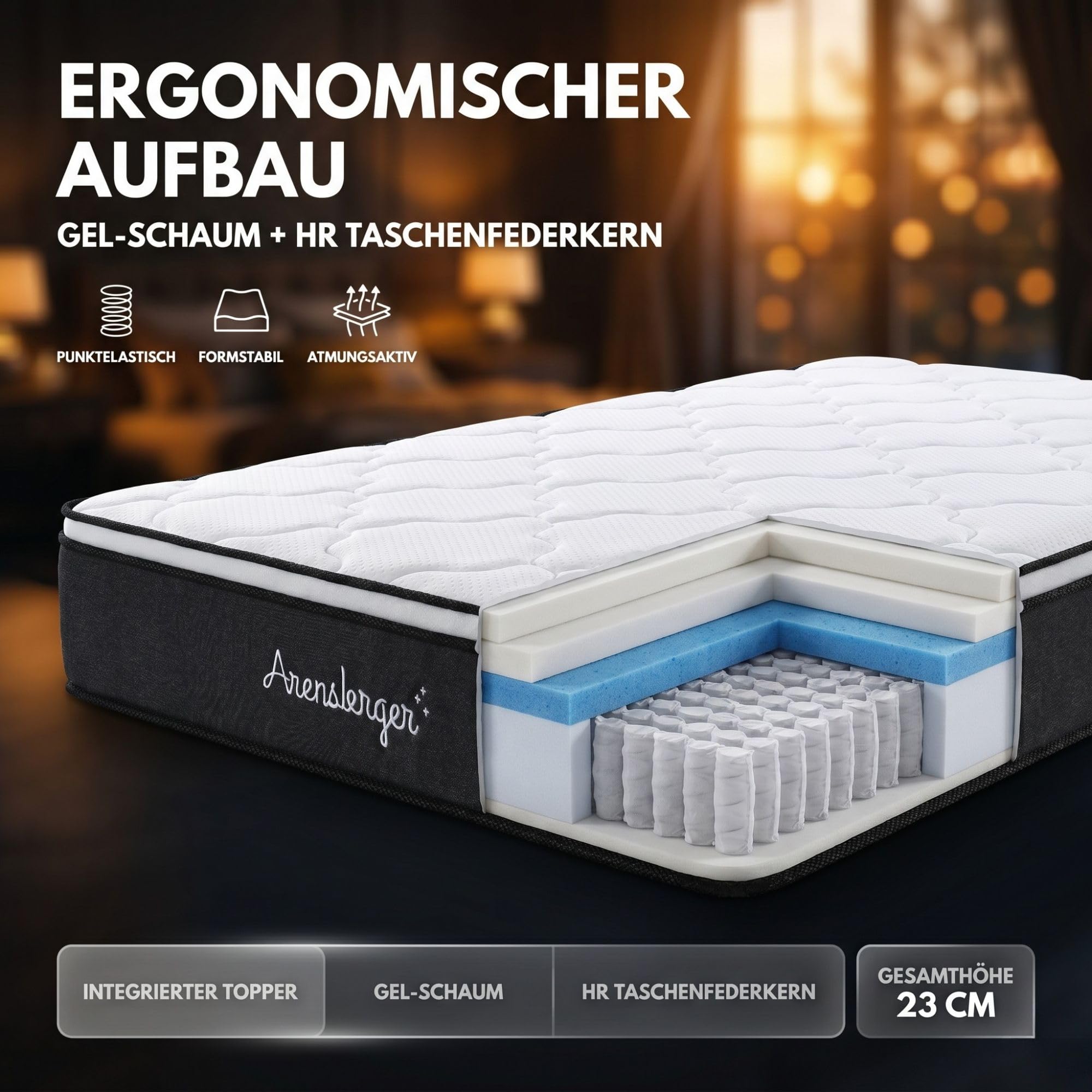 Arensberger Emilia Matratze 90x200 cm | Federkernmatratze mit Gel-Schaum und integriertem Topper | ergonomische Höhe 23cm | Härtegrad H3/H4 | HR Taschenfederkern 90x200cm Rollmatratze punktelastisch