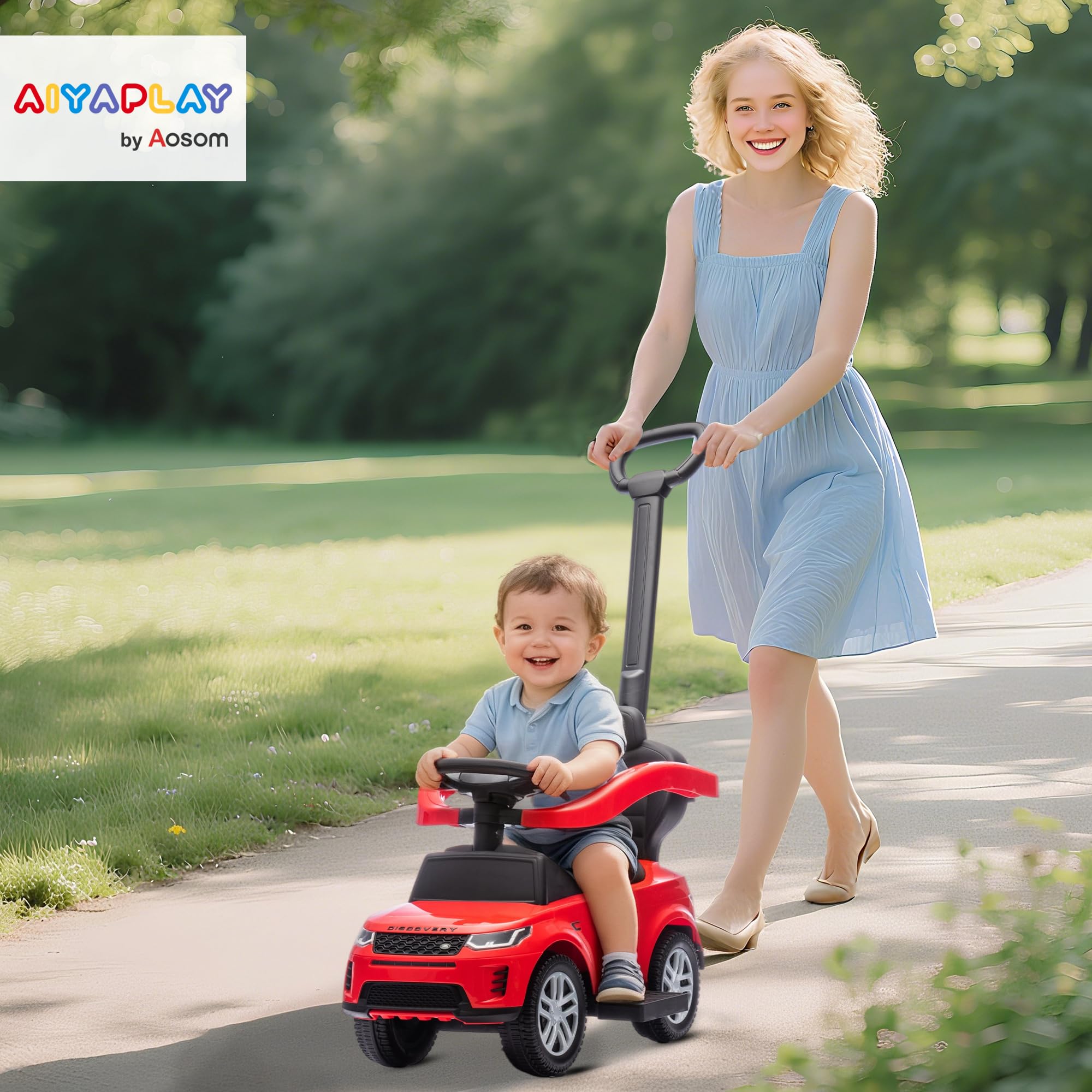 AIYAPLAY Coche Correpasillos 2 en 1 para Niños de 18-36 Meses Land Rover Discovery, Correpasillos con Espacio de Almacenaje, Bocina, Volante, Mango de Empuje y Barandilla Extraíbles, Rojo
