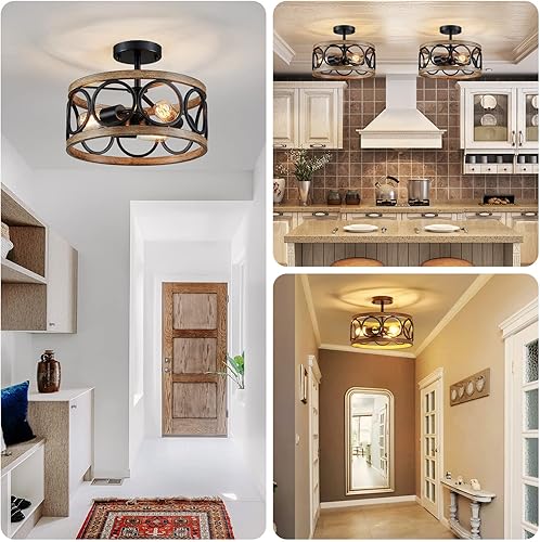 Miniatura 5 de XINGQI Lámpara de techo de granja de 3 luces de 13 pulgadas de tambor moderno semiempotrado, lámpara de techo rústica redonda de metal con acabado