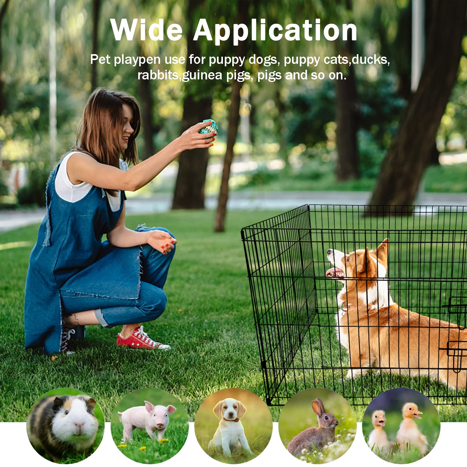 PJYuCien 24” Puppy Playpen, 4-Panel Exercise Dog Playpen with Bottom Pad Water-Proof, Heavy-Duty Metal Foldable Pet Playpen Crate Cage with Door for Small Animals Indoor/Outdoor, 36”L x 36”W x 24”H