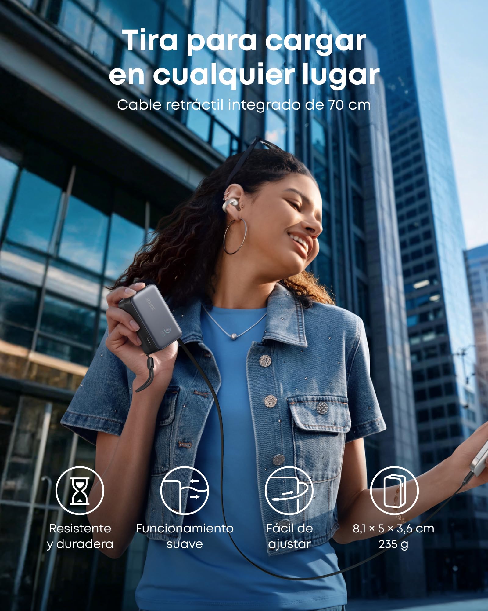 Anker Nano Power Bank Cargador portátil de 10000 mAh Cable retráctil Anker InstaCord de 70 cm batería de 45W de Potencia máxima, para iPhone 17/16, iPad, Galaxy, Pixel y más