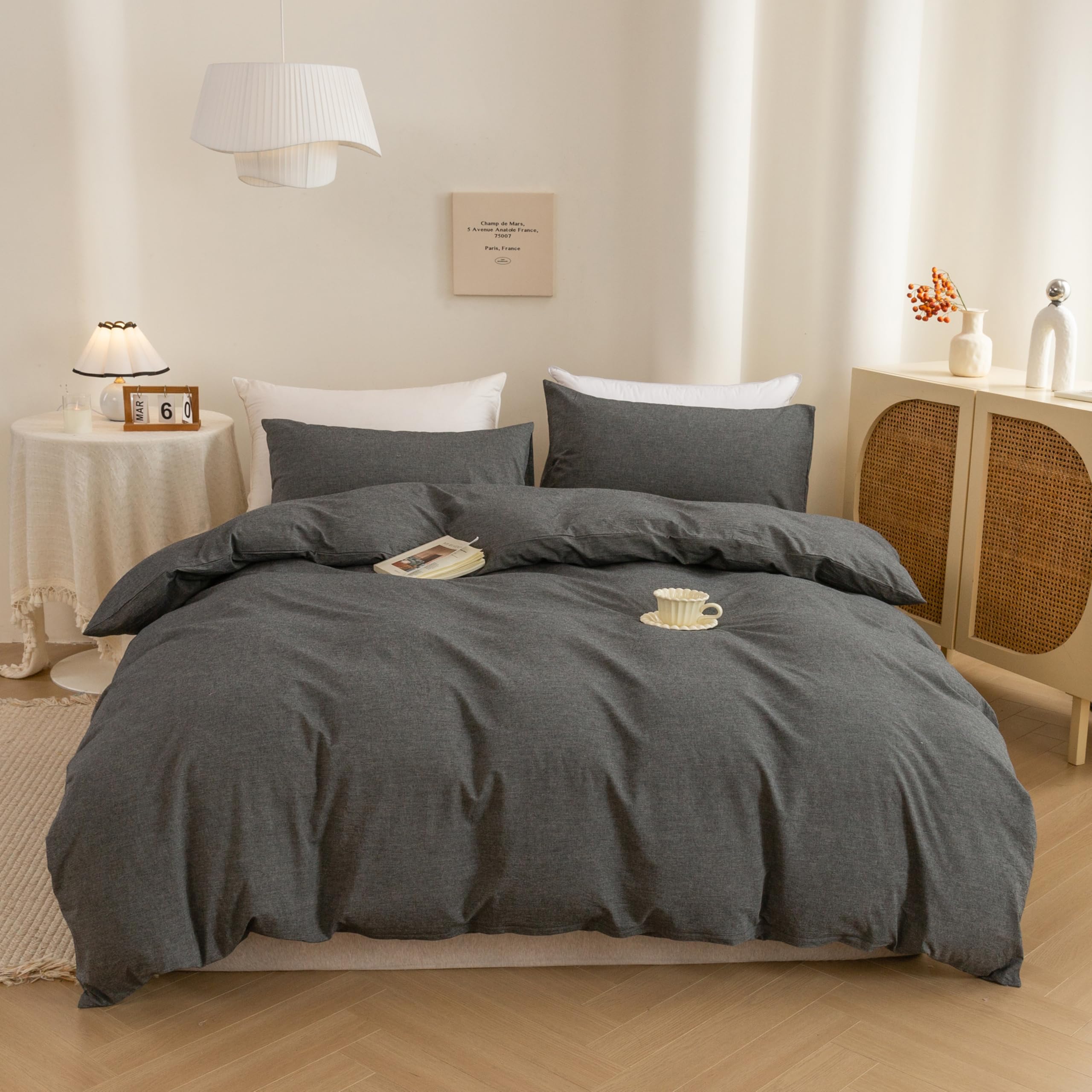 ECOCOTT Grey Duvet Cover King Size, 100% Washed Cotton 1 Duvet Cover with Zipper and 2 Pillowcases, Ultra Soft and Easy Care Breathable Cozy Simple Style Bedding Set (Dark Grey)
