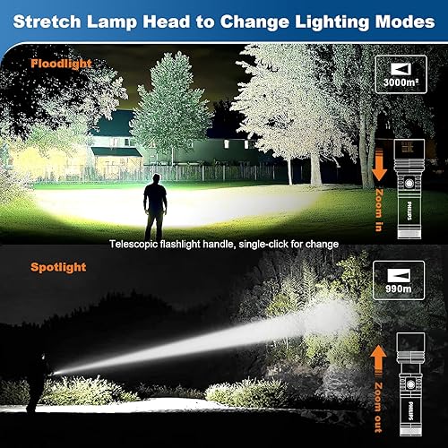 Miniatura 3 de Philips Linternas de alto lúmenes recargables con lente de encendido, linternas tácticas de 2500lm con lámpara de camping, 2 colores zoomable 5