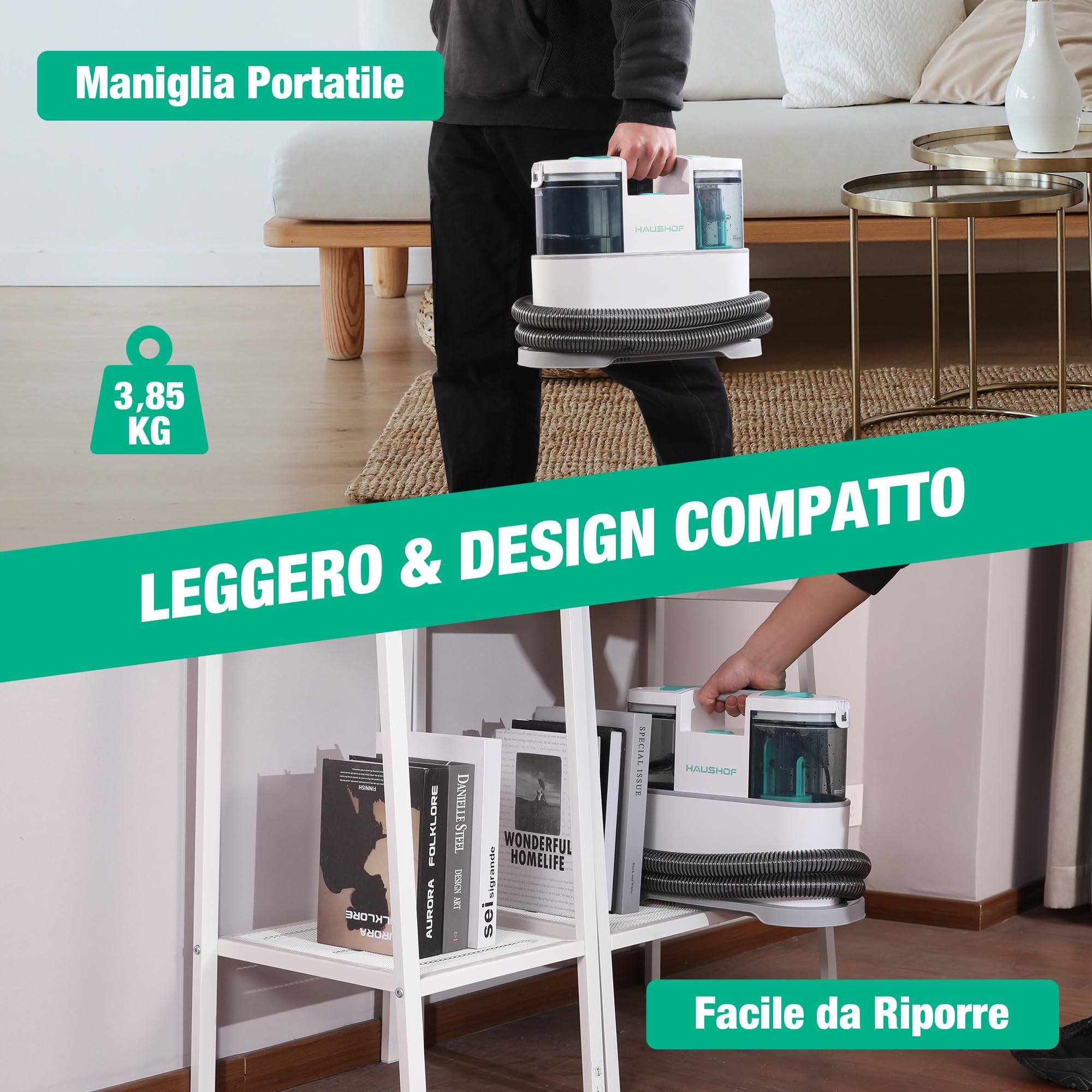 HAUSHOF StainZapper Pro - Lavatappeti Portatile 450W 11,5kPa, 1,5L lava tappezzeria ad Acqua con Detergente e Spazzola per Giunti, lava divano per Pulire Divano, Sedili Auto, Moquette e Tappeti