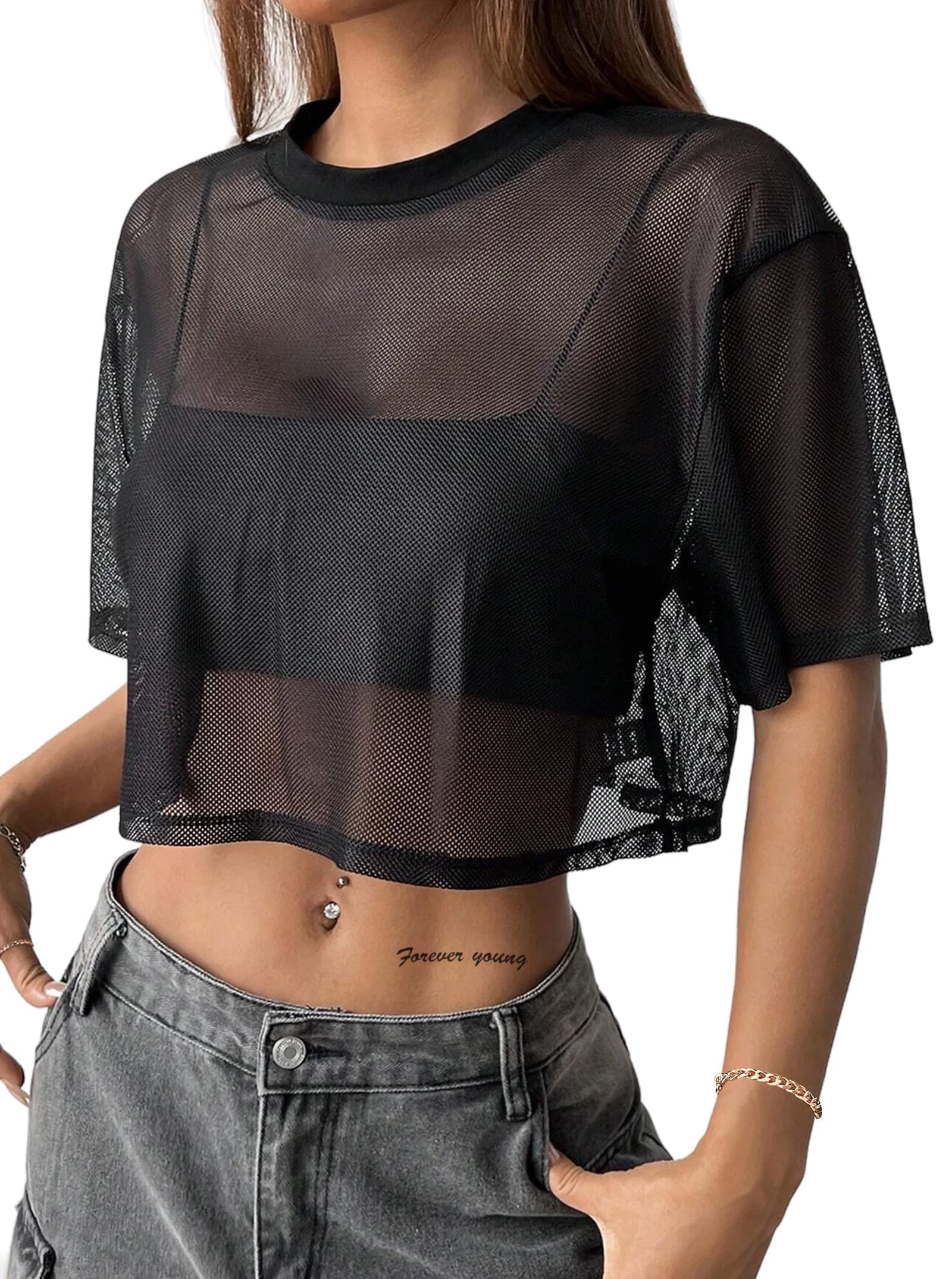 Avanova Women Sexy Sheer Mesh Crop Top See Through Oversized Short