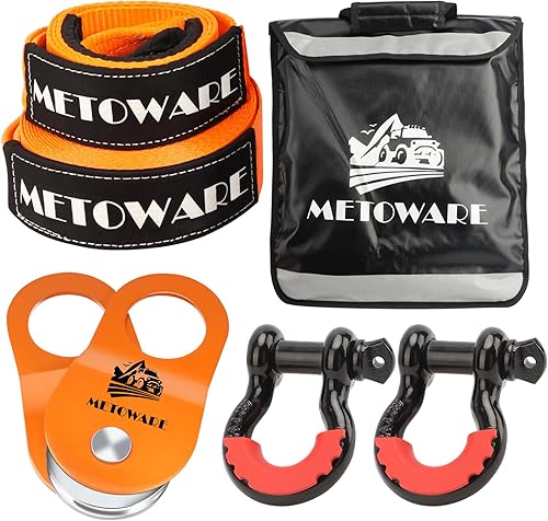 METOWARE Kit de Recuperación Todo Terreno - Protector de Árboles de 3" x 8', Correa de Remolque de 3" x 20', Polea de Bloque de Tracción de Servicio
