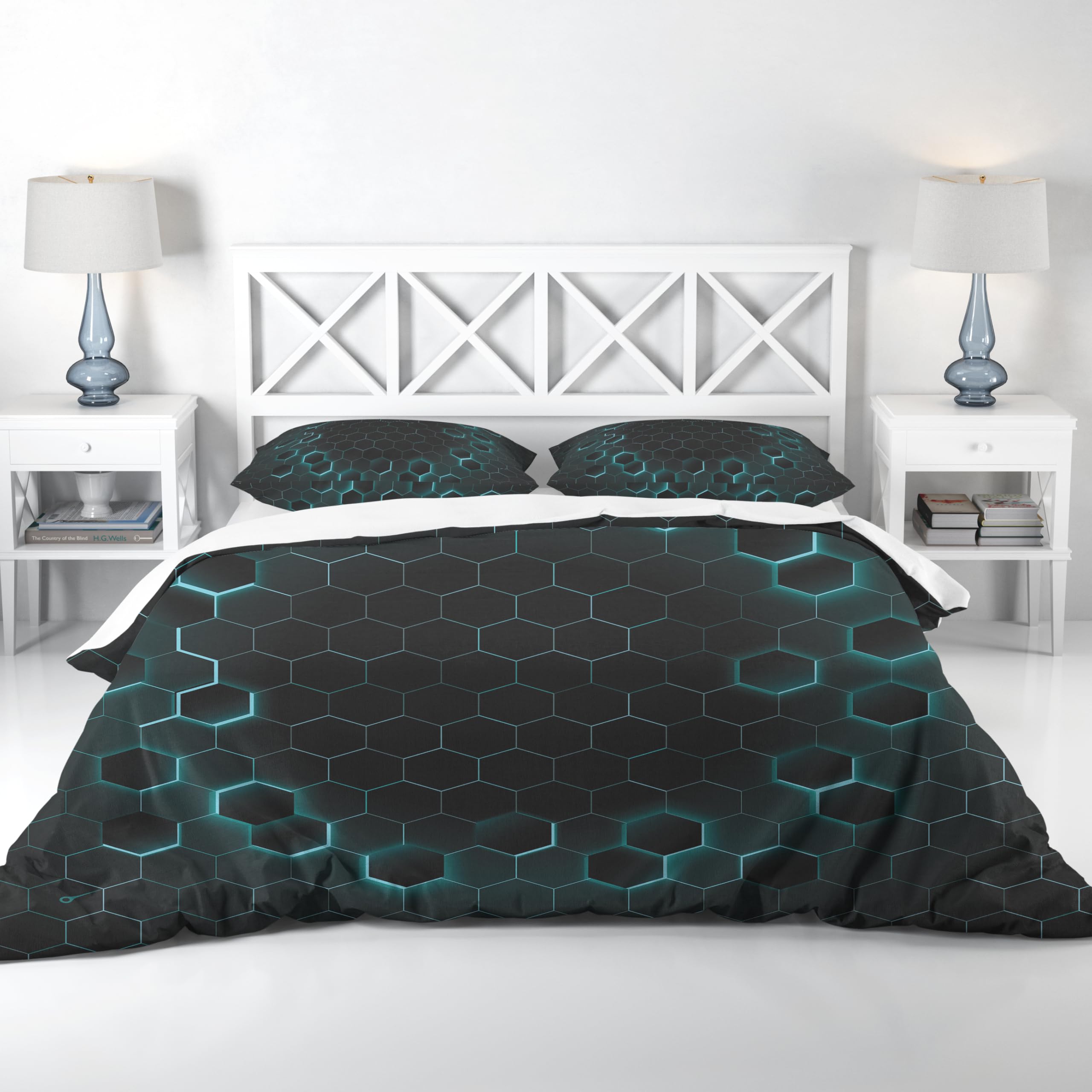 Adam Home 3D Floral Duvet Cover Set With Pillowcases Home Bedroom Décor Digital Printed Microfiber Super King Bedding Set Made in UK|Green Hexagon