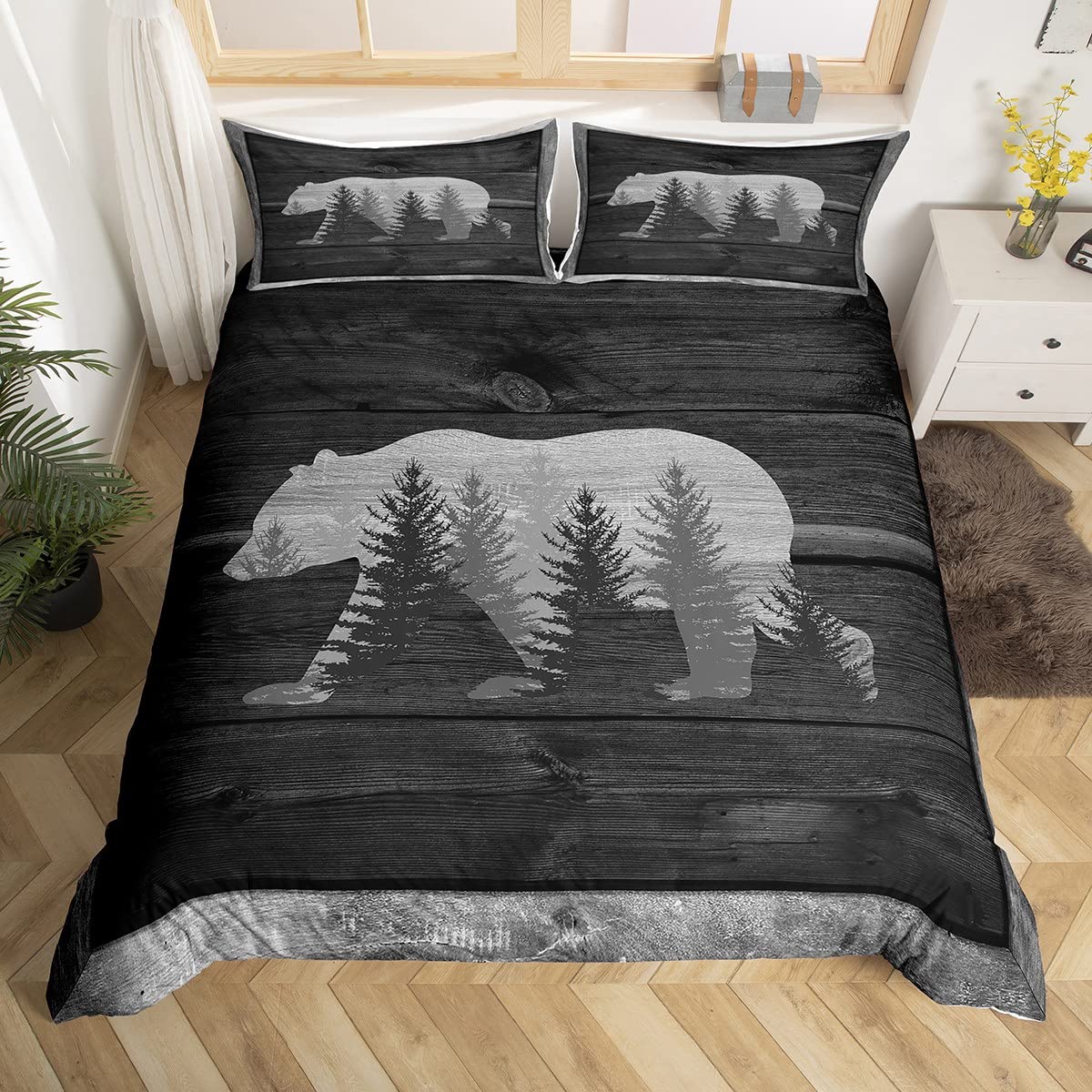 Castle Fairy Lodge Cabin Duvet Cover Gray Bear Pine Tree Silhouette Pattern Comforter Cover with 1 Pillowcase Wild Animal Western Jungle Style Bedding Set for Teens Adults Twin Size 2 Pieces