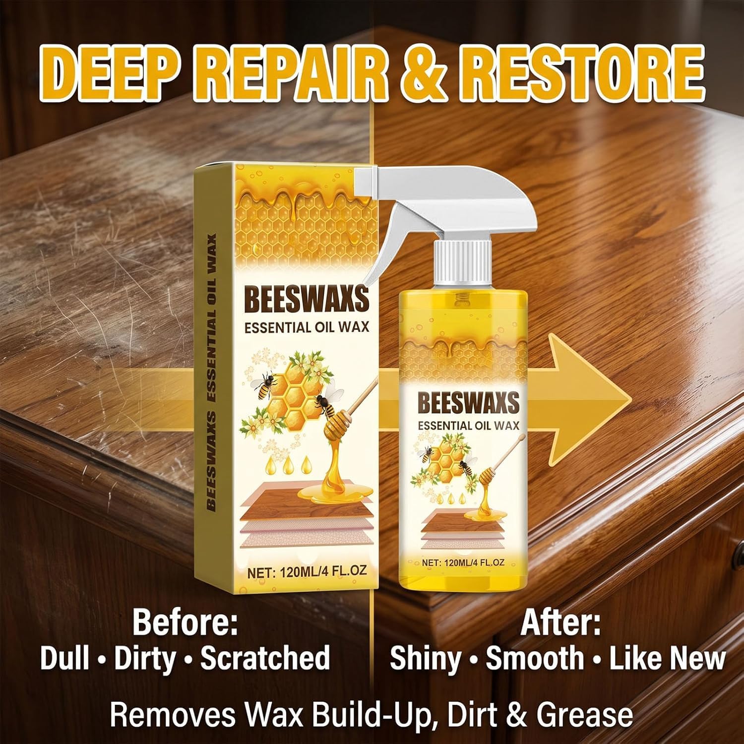 Beeswax Wood Polish Spray, 2026 Upgraded Natural Beeswax Essential Oil for Wood, Furniture and Wooden Cabinet, Natural Micro-Molecular Spray (1PCS) - 2
