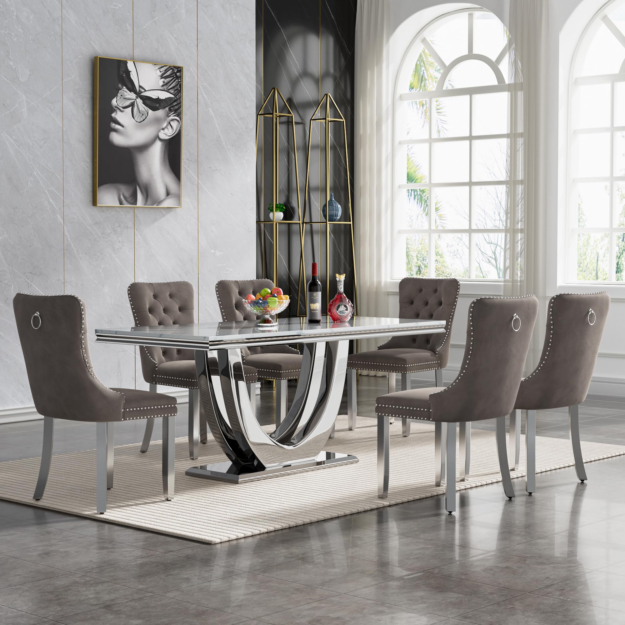 68" Marble Dining Table Set for 6, Luxury White Faux Marble Kitchen Table with 6 Grey Velvet Dining Chairs Modern 7-Piece Dining Room Table Set for 6 w/Silver Stainless Steel Base