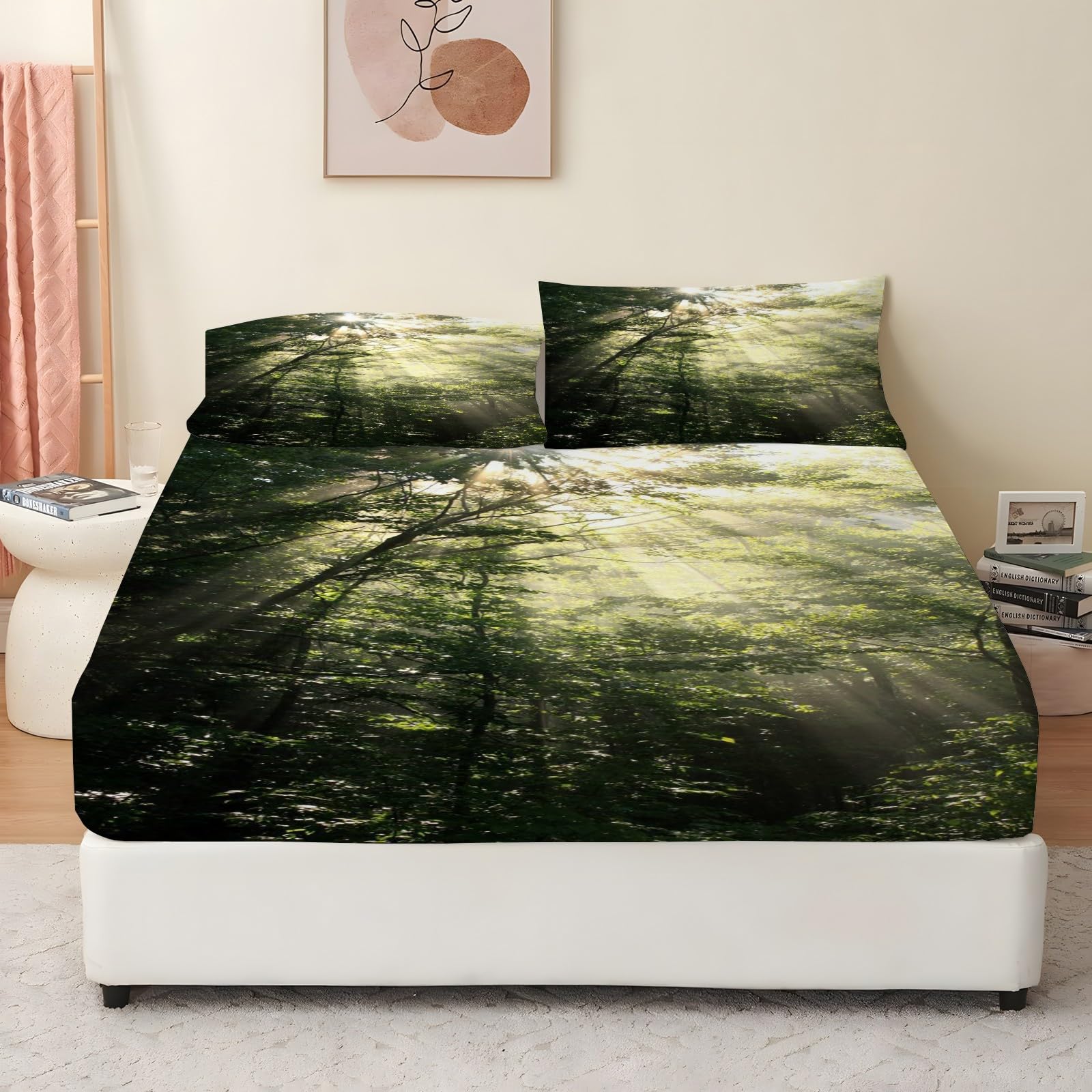 Prześcieradło z gumką z gumką Las Sawanna 160x200 Zielona pościel, miękki komfortowy ochraniacz na materac z głęboką kieszenią 30 cm i 2 poszewkami na poduszki