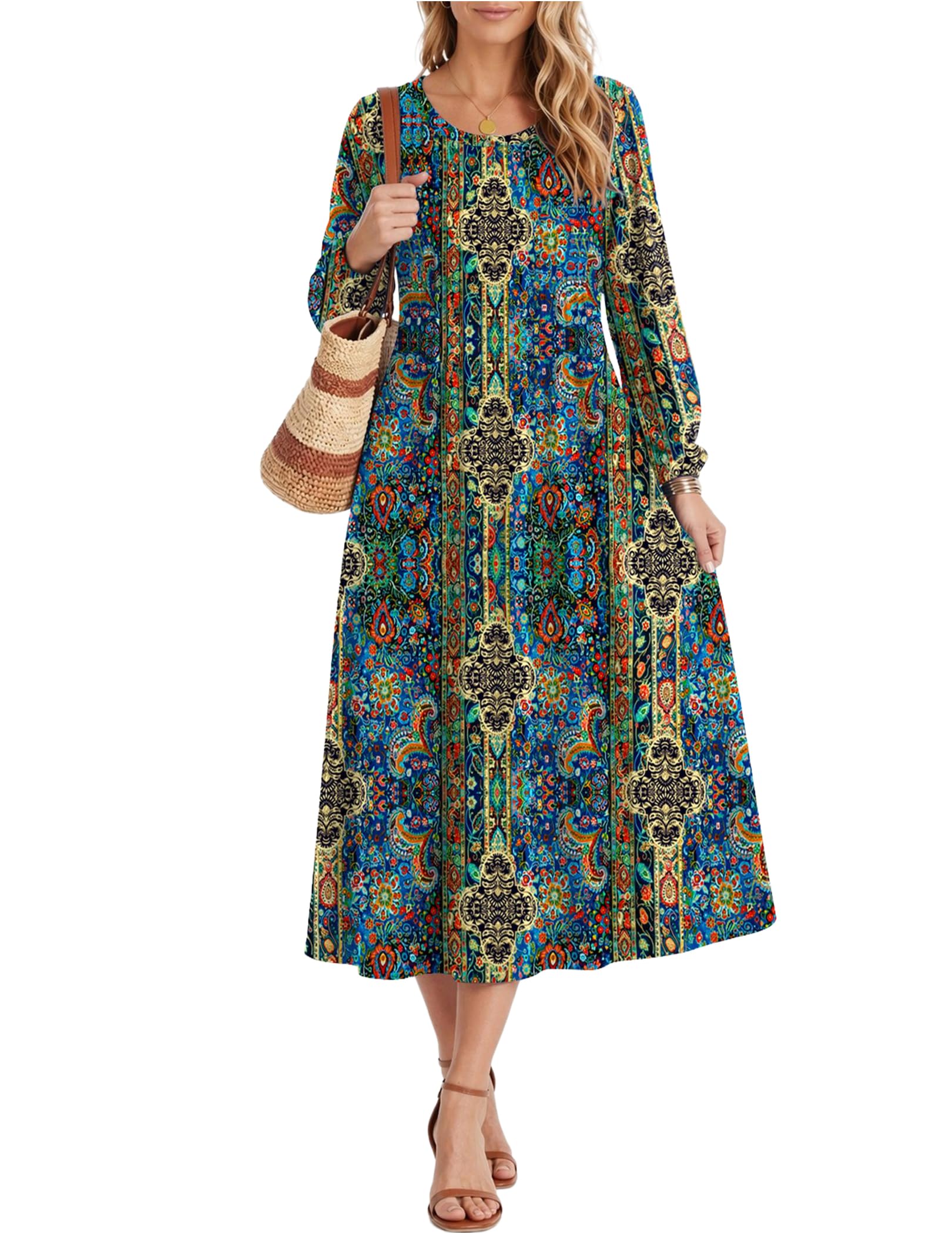 Zeagoo Fall Dresses for Women Long Sleeve Midi Dress Casual A Line Dresses 2026 Pleated Flare Dress with Pockets