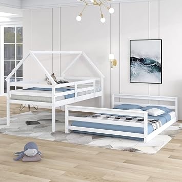 Bunk Beds Twin Over Full Size,Space Saver Bunk Beds,House Shaped Twin Over Full Bunk Bed,Twin Bunk Beds with Safe Guardrail,Bunk Beds for Kids,Space Saver(Bunk Bed Twin Over Full White)