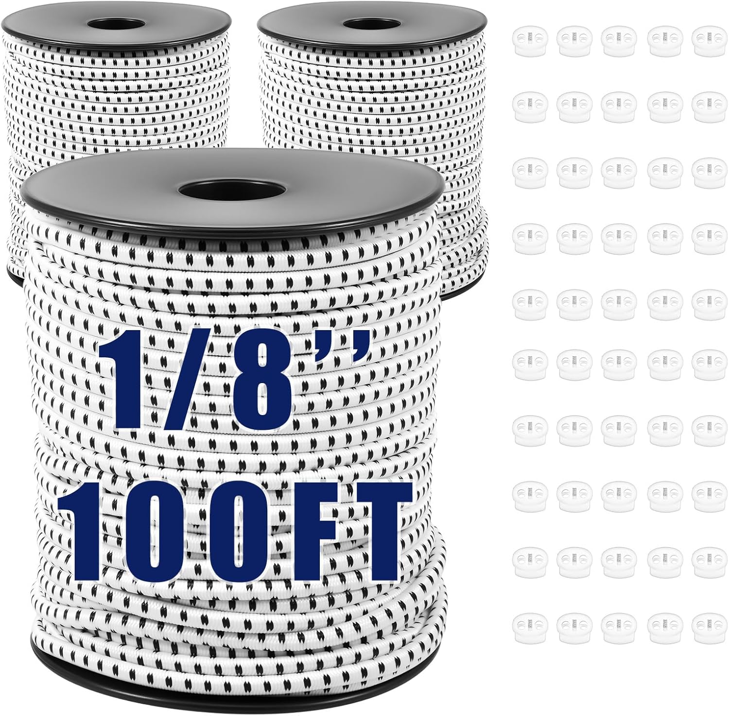 3-Pack 1/8" x 100 Ft Elastic Bungee Cord Roll with 50 Free Clips – White & Black Elastic Cord for Tent Poles, Camping, Kayaking, DIY, Luggage – Cuttable Shock Cord