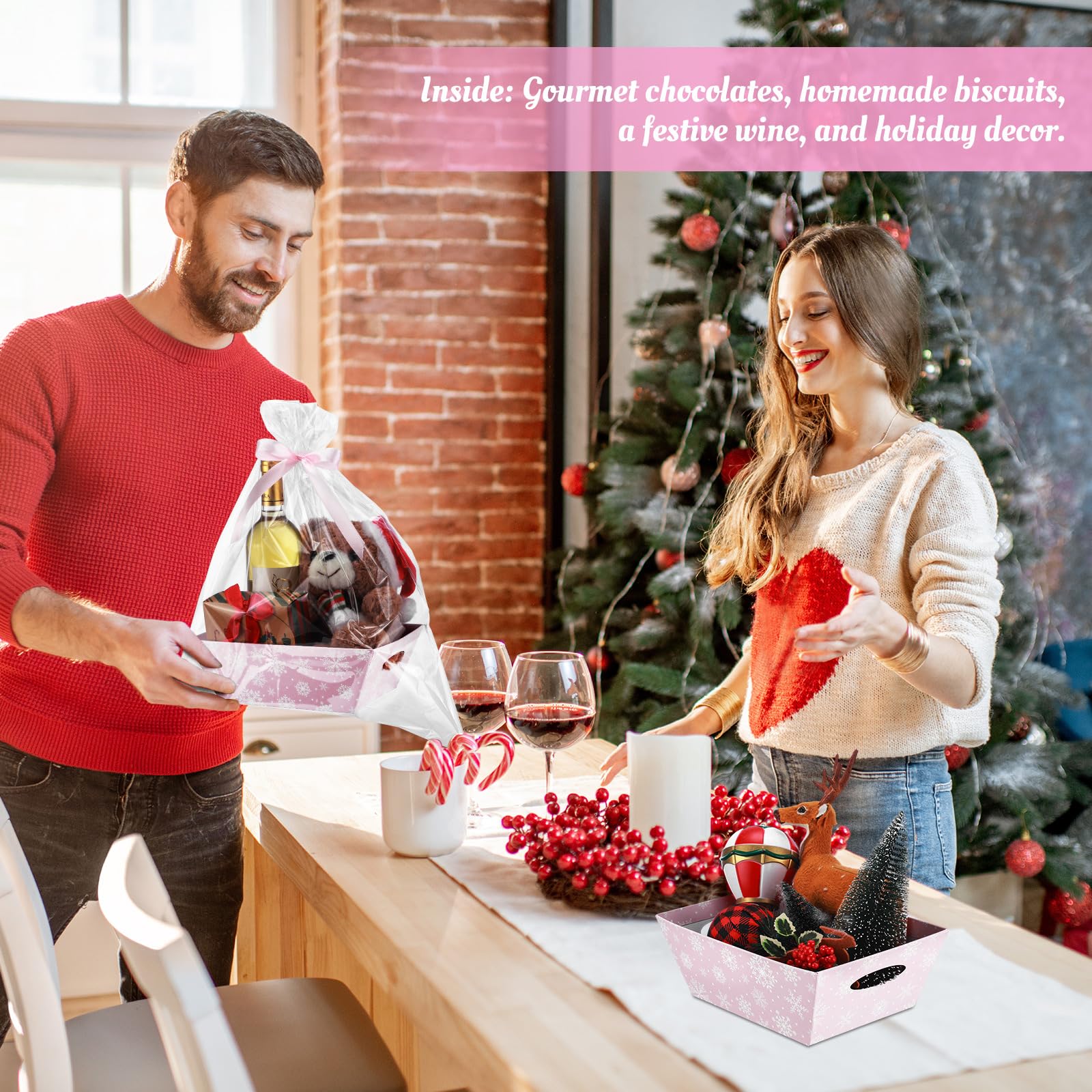 Cinnvoice Paquete de 6 cestas de Navidad vacías para regalos, cestas de Navidad vacías con bolsas, lazos, cintas, cestas de regalo a granel, bandejas con asas para Navidad, vacaciones, fiestas de