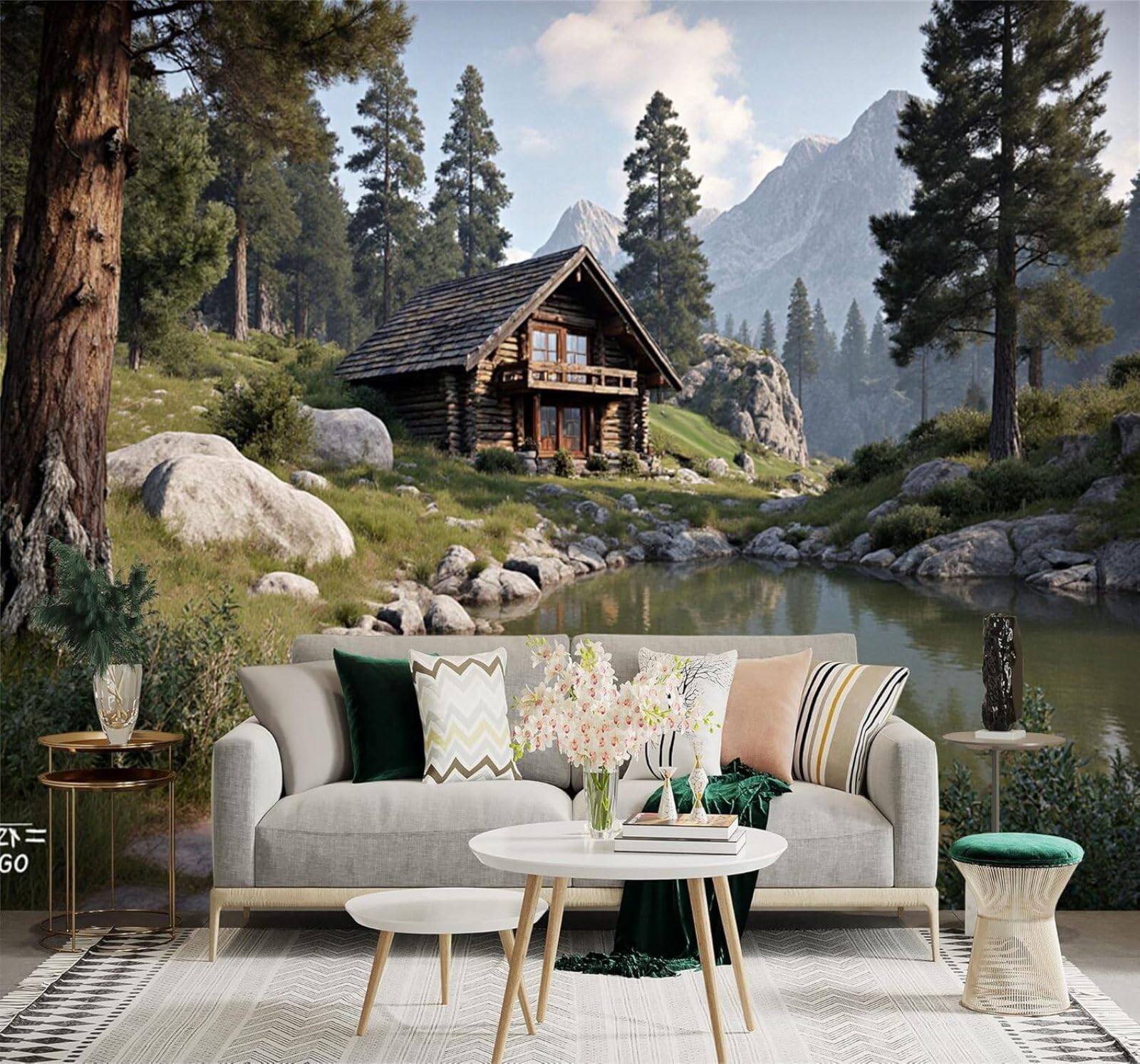 XLMING Mountains Lakes Cosy Log Cabin Pine Trees Rocks 3D Wallpaper Silky Texture Home Study Office Grey Dining Room Sofa Bedroom Living Room TV Backdrop-200cm×140cm