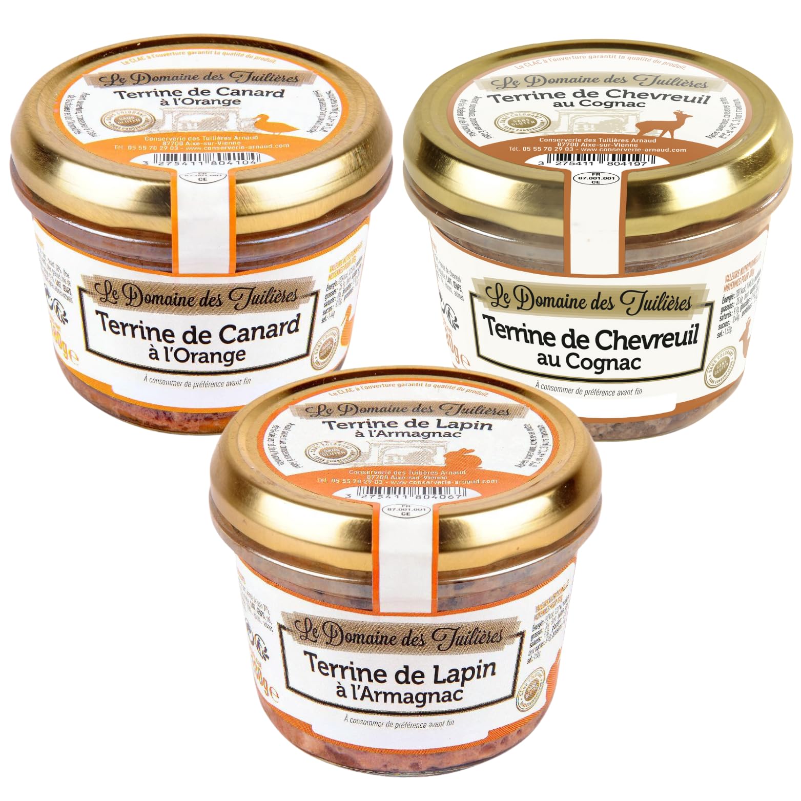 Trio de Terrines - Chevreuil/Canard/Lapin sans conservateurs artificiels | 3 bocaux de 180g pour un apéritif ou une entrée réussis