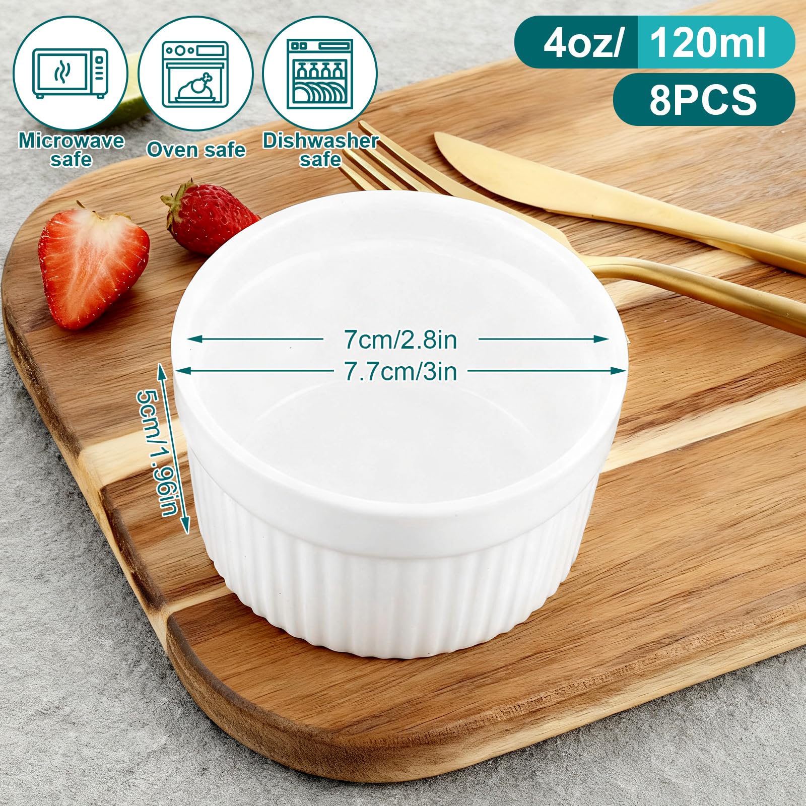 YOUNTHYE Set di 8 pirottini da 120 ml, in porcellana bianca, per soufflé, adatti al forno, per soufflé, budini, torte, gelati e salse