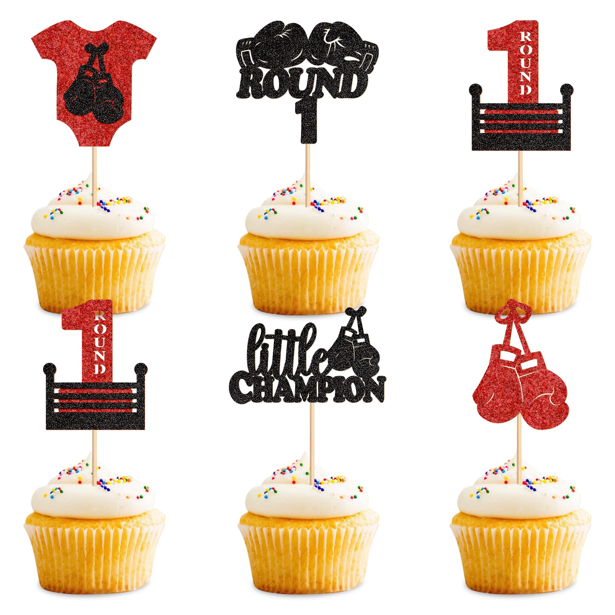 Ercadio 25 Pack Boxing Player Cupcake Toppers Black Red Glitter Boxing Gloves Cupcake Picks Boxer Gym Theme Round 1 Little Champion Baby Shower