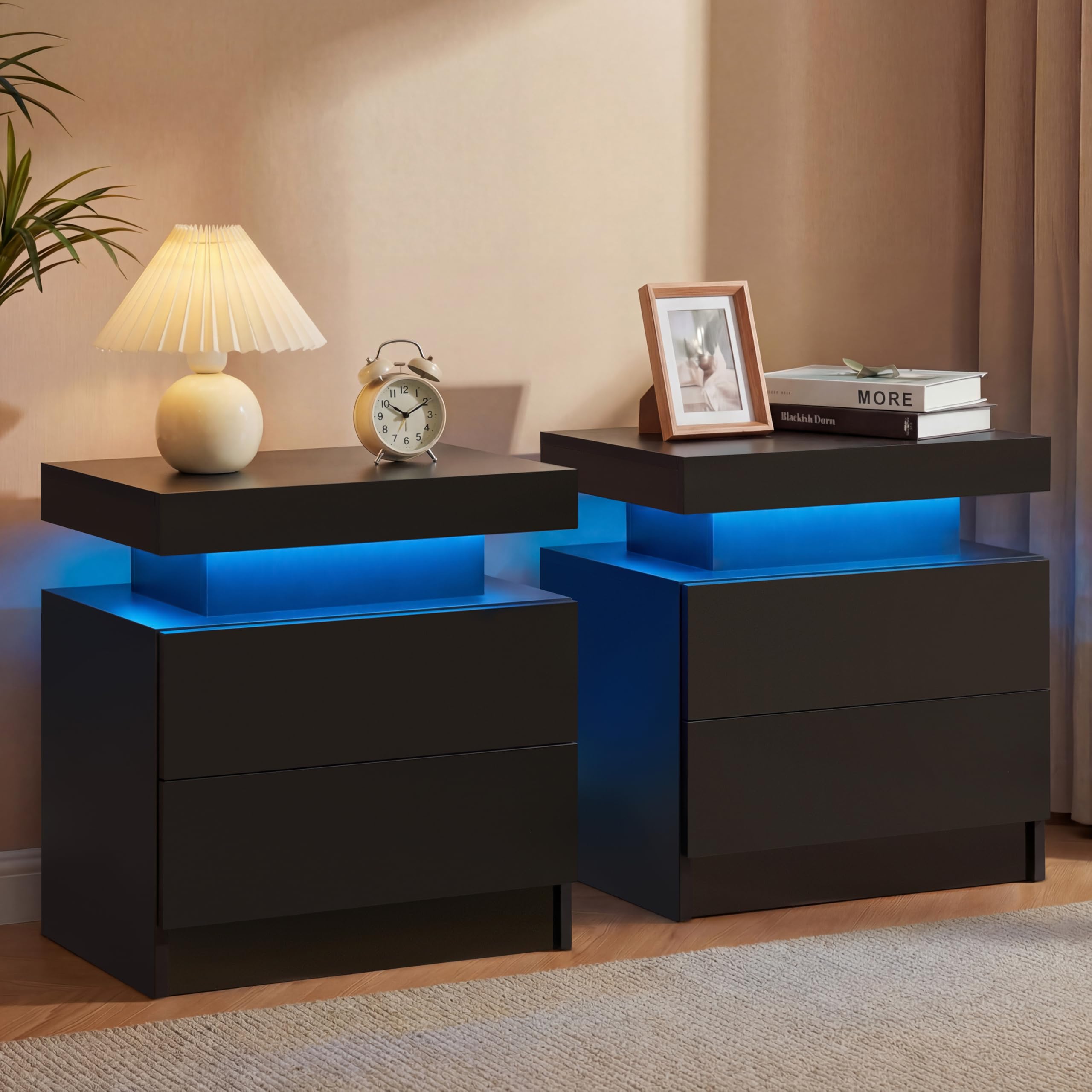 Cubehom LED Bedside Table with 2 Drawers Modern Bedside Table LED Nightstands for Bedroom (Black, 2PCS) — image 1