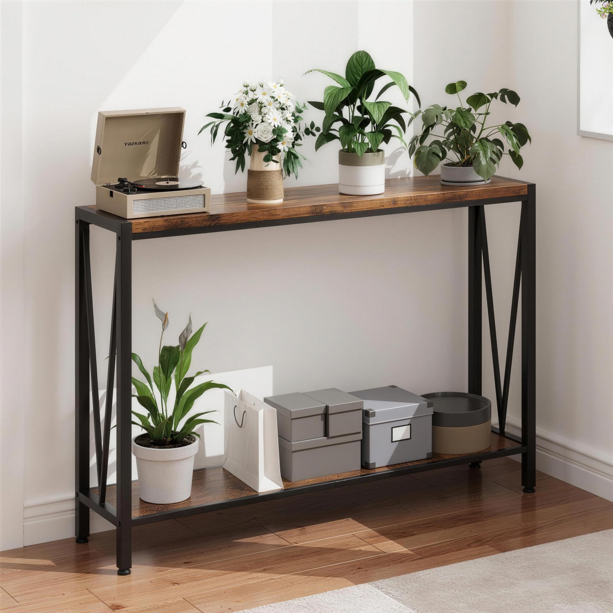 Zstar Consola Estrecha De Dos Niveles, Elegante Mesa Auxiliar para Entrada, Pasillo y Sala De Estar, Mueble Premium Que Ahorra Espacio, Retro,110×25×76 cm