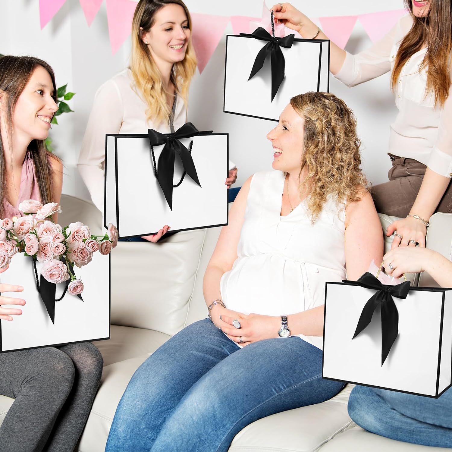 24 Pcs Gift Bags With Handles 12.6x9.8x 4.3in Medium Large Gift Bag with Bow Ribbon Portable Paper Bags for Wedding Thanksgiving Christmas Birthday Housewarming Gifts Bridesmaid Gift Bag White-Black - Image 7