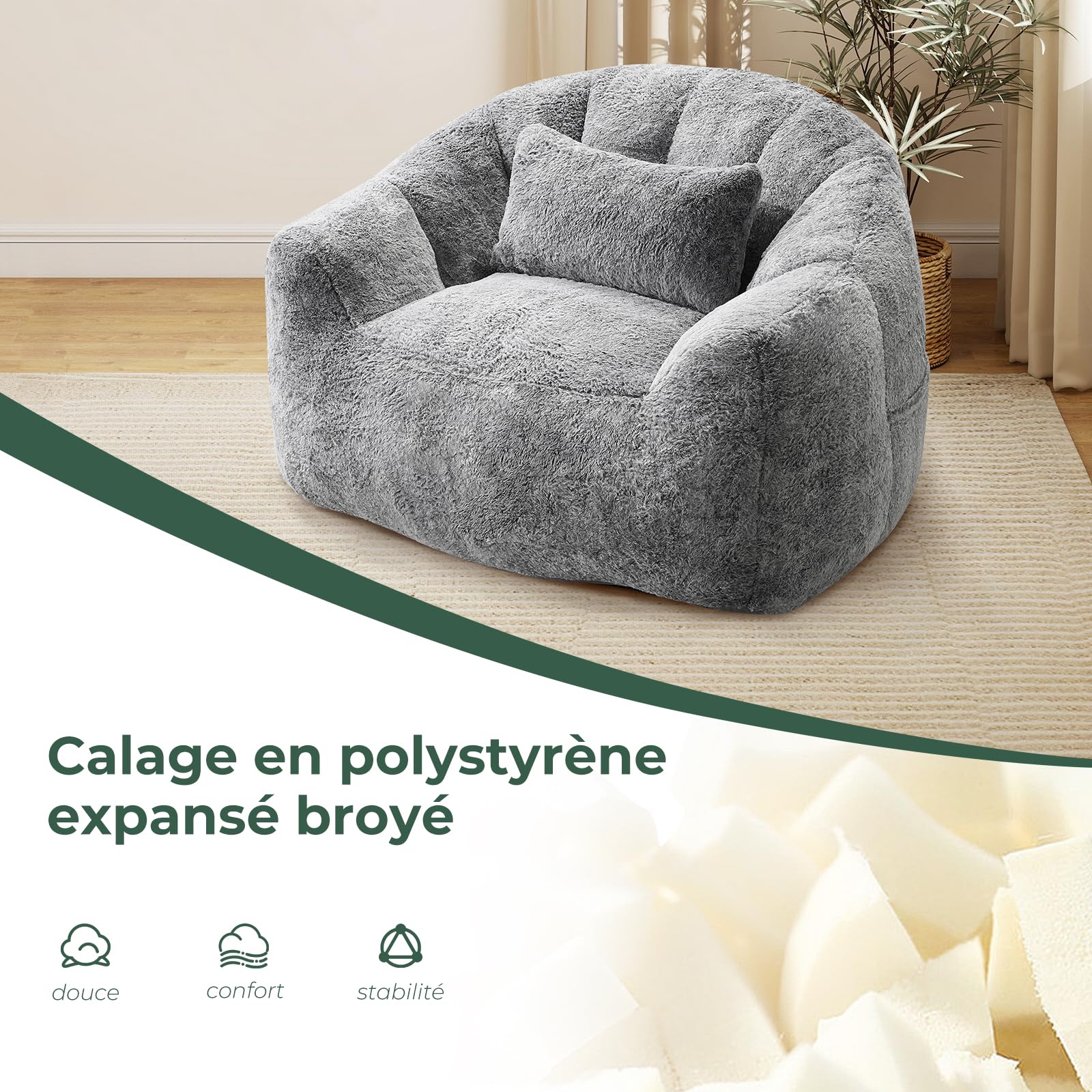 Pouf pour adultes, fauteuil lounge moelleux en fausse fourrure avec coussin, capacité de charge jusqu’à 160 kg, emballage sous vide & sans montage, pour salon, chambre, balcon, gris