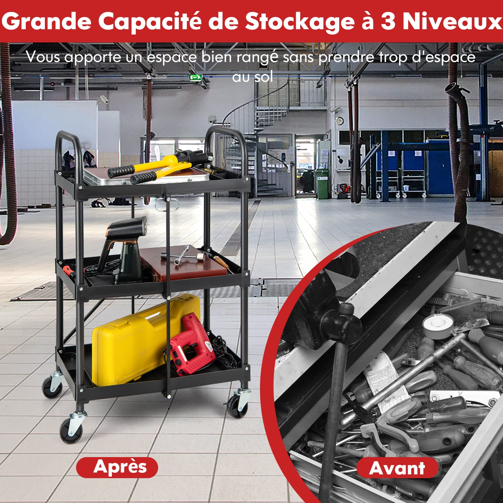 GYMAX Chariot Servante d’Atelier Pliable à roulettes 3 Niveaux, Rangement d'Outils, 2 Rouelettes avec Freins, Compartiments Trié, Cadre Métallique, pour Garage Cuisine Studio