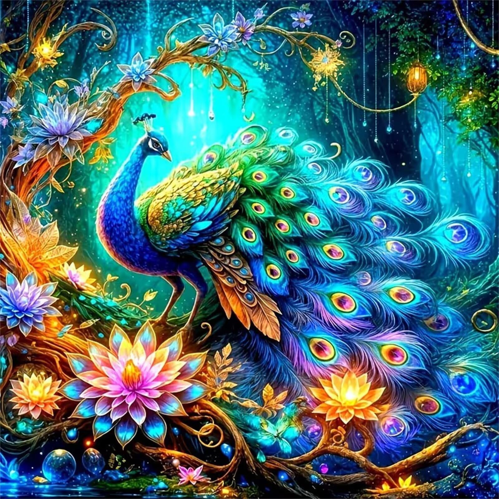 Diamond Painting Pavo real floral fluorescente,5D Diamond Painting Kit Completo,DIY Cuadros de Diamantes para Adultos,Rhinestone Bordado Punto de Cruz Manualidades Hogar Pared Decoración 55x55 cm