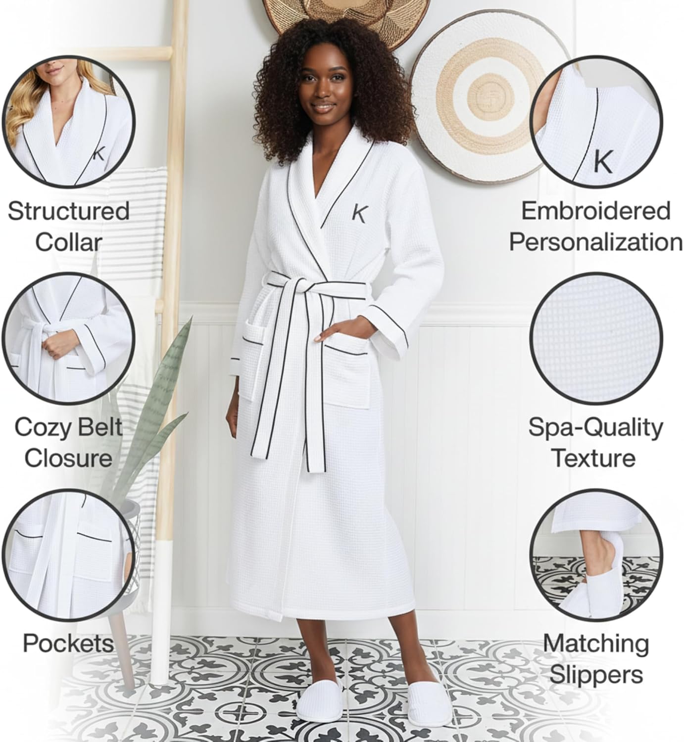 Lotus Linen Long Waffle Cotton Robes for Women – Monogram, Lightweight, Soft Kimono Spa Bathrobe with Pockets