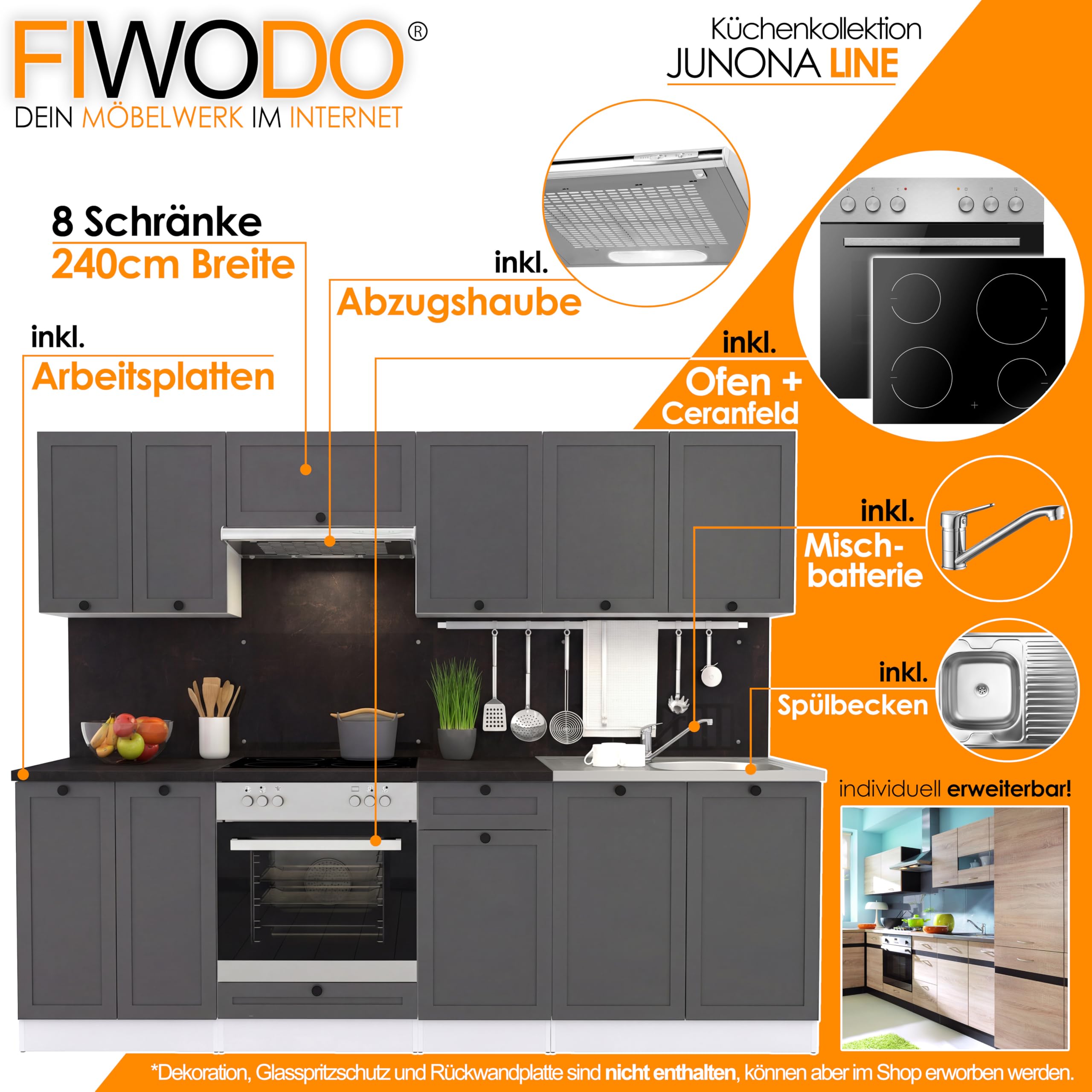 FIWODO Küche mit Elektrogeräten - ERWEITERBAR - Küchenzeile, Einbauküche in Farbe: LANDHAUS GRAFIT MATT, 240cm, mit Spülbecken, Mischbatterie, Herd, Backofen, Abzugshaube, NEUWARE mit GARANTIE