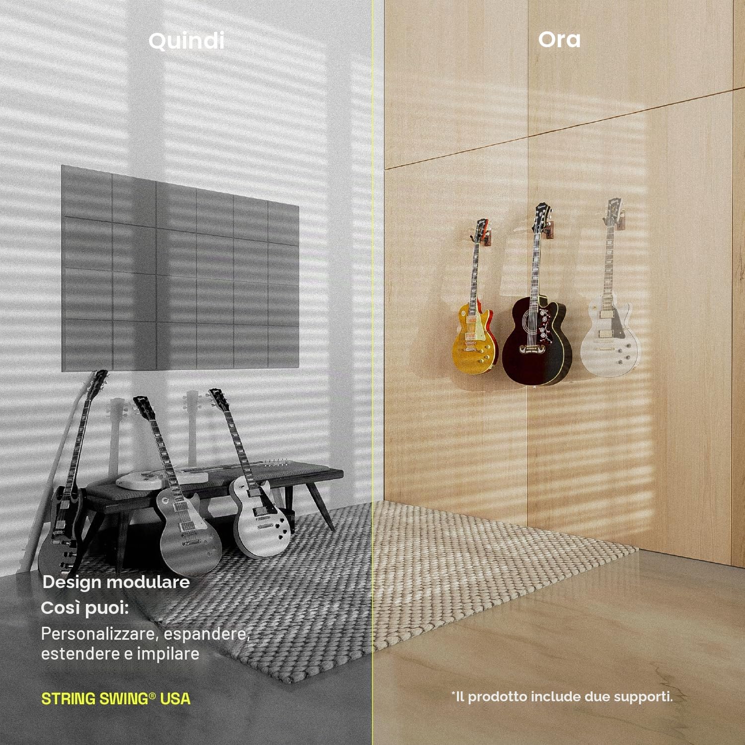 String Swing Supporto per chitarra elettrica, acustica e basso, accessori da parete per casa o studio, per strumenti musicali, sicuro senza custodie rigide, in legno di noce nero, confezione da 2