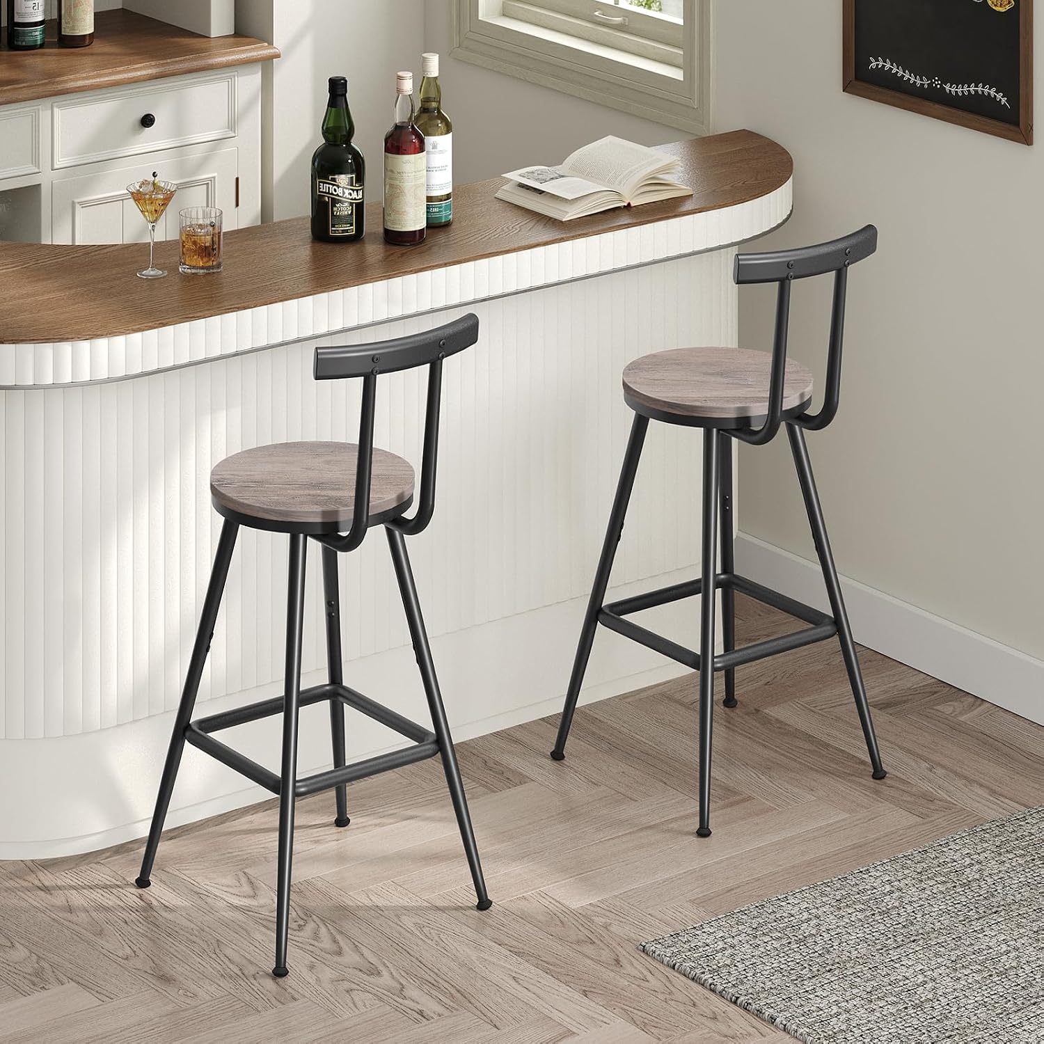 MAHANCRIS Bar Stools, Set of 2 Bar Chairs with Backrest and Footrest, 26" Tall Counter Stools, Metal Frame, Adjustable Feet, Easy Assembly, for Kitchen, Living Room, Pub, Greige BAHG6001