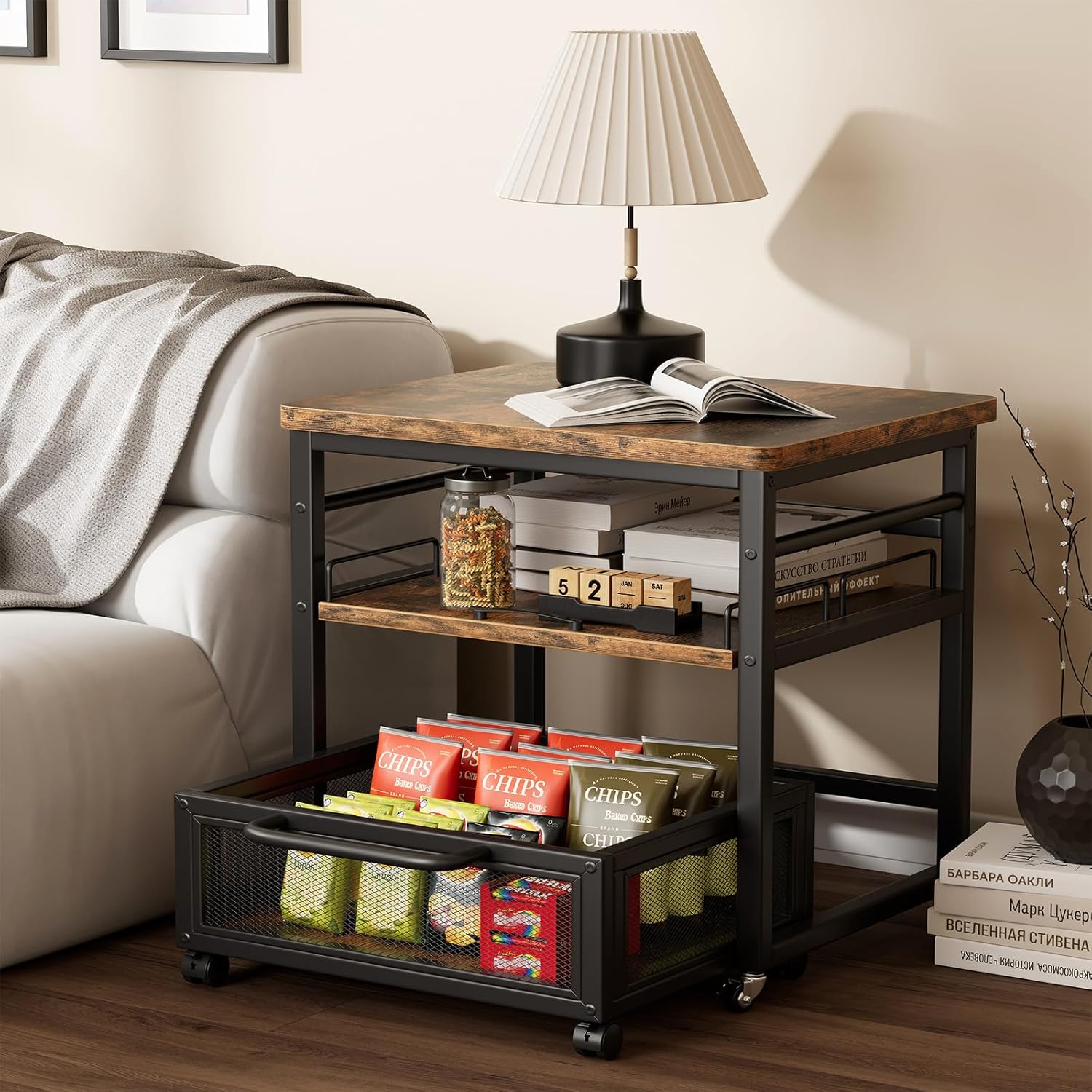 DDJ Mini Fridge Stand with Storage, 20.8x20.8in Heavy Duty Mini Fridge Table with Pull-out Shelf and Lockable Wheels, Compact Refrigerator Stand with Drawer Basket for Home Office, Rustic Brown