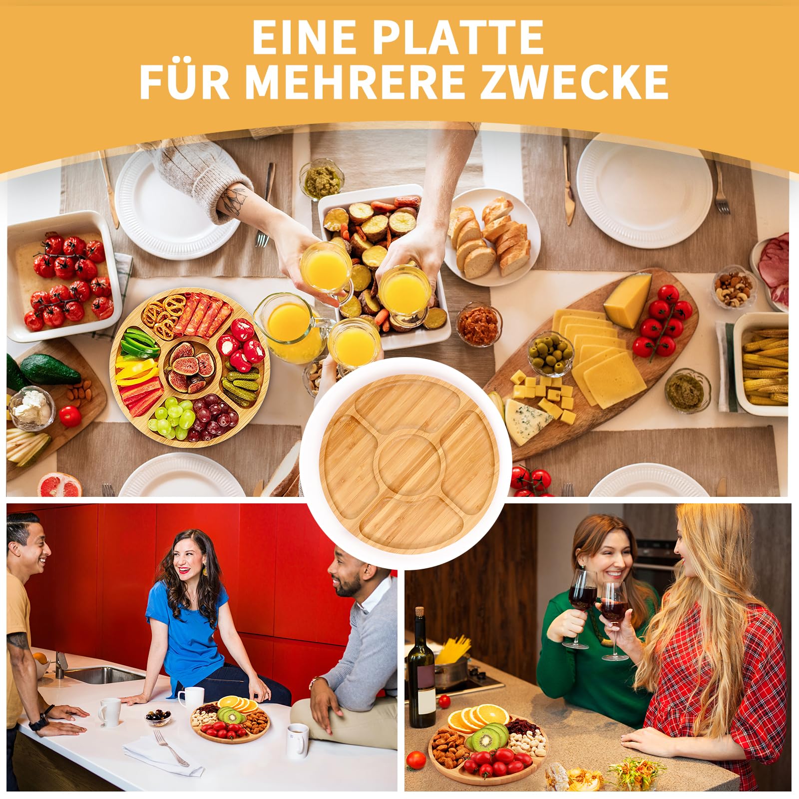 Bambus-Käsebrett, Käsebrett mit Käsemesser-Set, Charcuterie Board,Käsebretter, Servierbrett, für Wein, Cracker, Brie und , Fleisch, Einweihungsgeschenk für Leckereien, Weihnachten, Erntedankfest