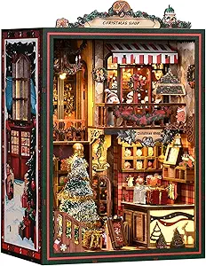Christmas Gift Book Nook Kit, DIY Miniature House Kit, 3D Wooden Puzzle Bookend Bookshelf Insert Decor with LED Light for Teens and Adults Tiny House Kit