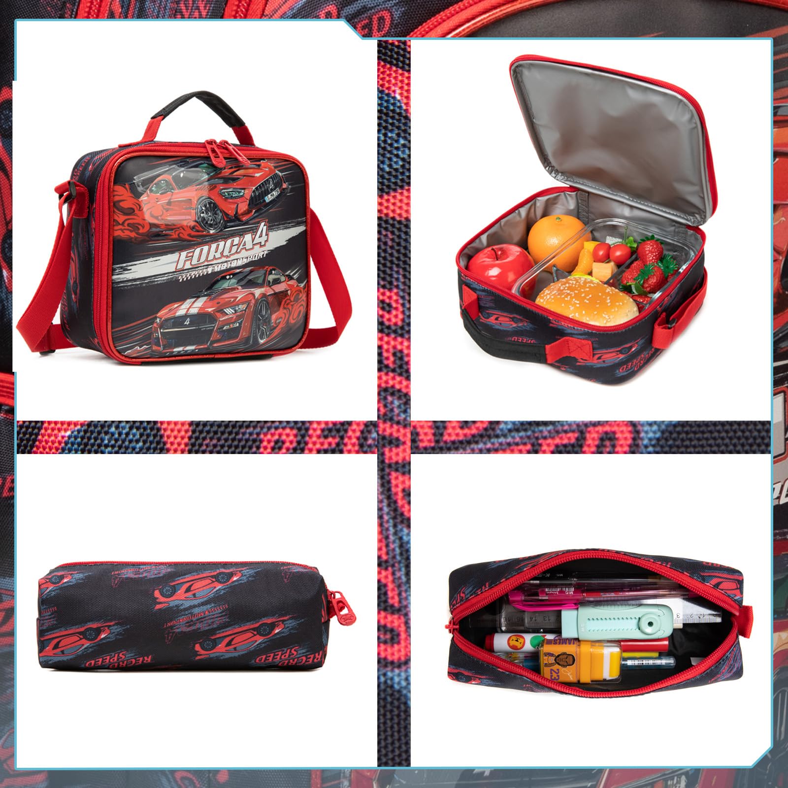 Mochilas Escolares con Coches Ruedas Carro Niño 17" 3PCS Mochila Carrito para Trolley Escolar Bolso de Viaje Estuche Stitch Chicos Maleta Colegio Grande Medianas Infantil Niños Rojo