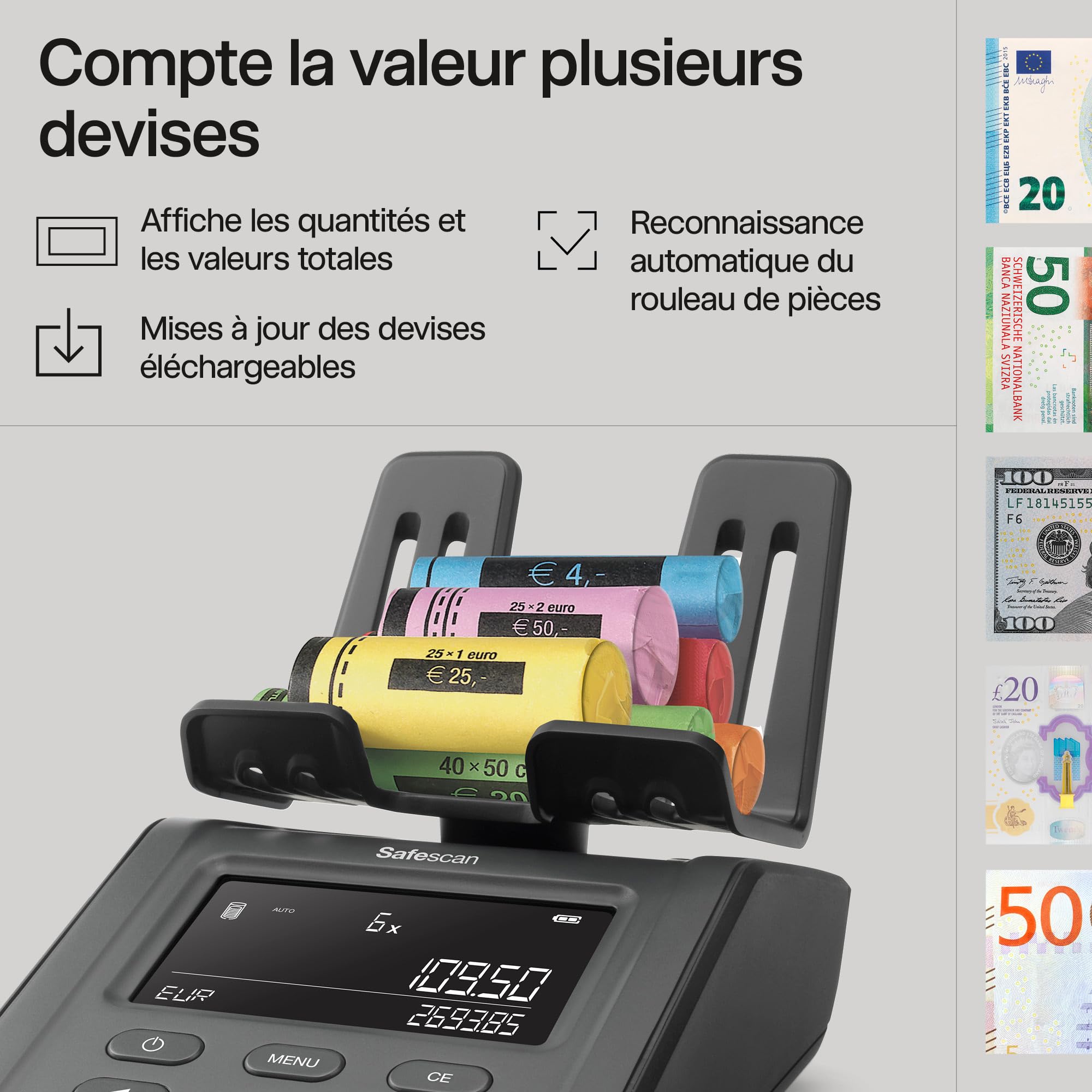 Safescan 6165 compteuse valorisatrice pour pièces et billets - Compteuse de pièces avec reconnaissance automatique du rouleau de pièces - Balance pour un comptage rapide et facile du tiroir-caisse