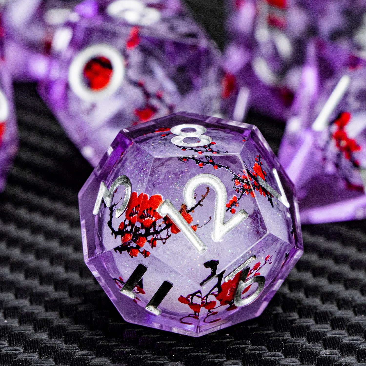 ARUOHHA DND Resin Dice Plum Blossom Liquid Core Purple White Sharp Edge Polyhedral Dice Set including Gift Box - Image 4