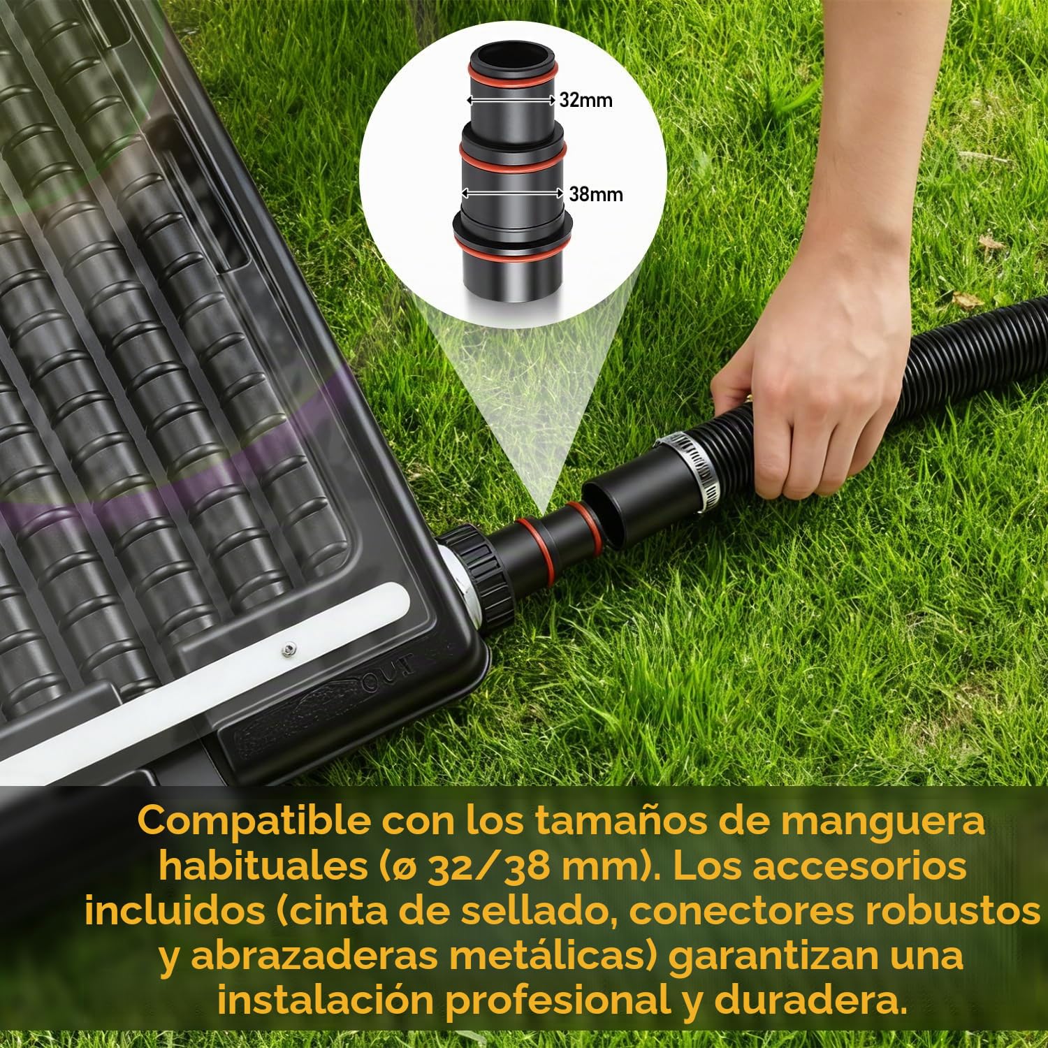 Calentador solar de piscina, colector solar 110 x 65 x 35 cm ajustable en altura, calentador solar de piscina 10000 L/H, conexión de 38 mm ampliable, para agua caliente de ducha de jardín